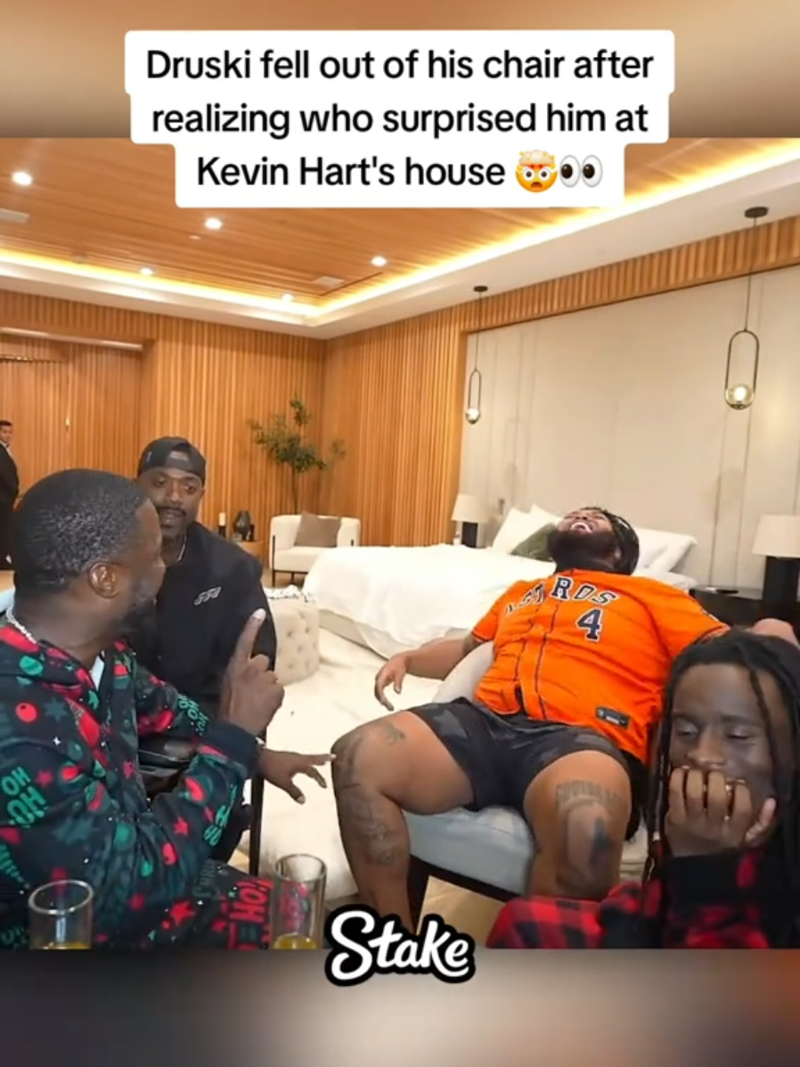 Druski fell out of his chair after realizing who surprised him at Kevin Hart's house 🤯👀 #druski #kevinhart #kaicenat 