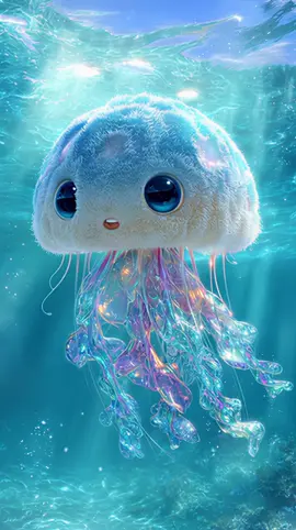 A fluffy jellyfish lifts a heart-shaped seashell and smiles at you so sweetly. 💖🐙✨ #cute #cuteanimals #fluffyfriends #jellyfish #magical