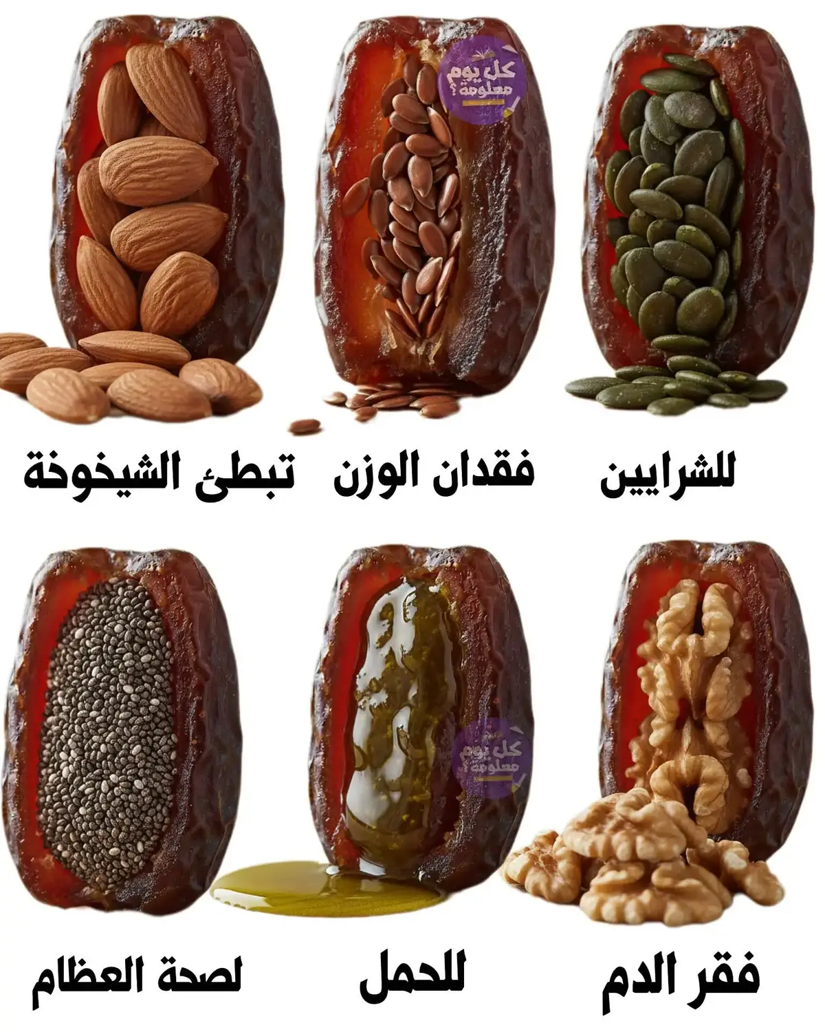 ✅️ التمر وبذور اليقطين : لدعم صحة الشرايين ✅️ التمر وبذور الكتان : لفقدان الوزن ✅️ التمر مع اللوز : تبطئ الشيخوخة ✅️ التمر مع الجوز : فقر الدم  ✅️ التمر مع زيت الزيتون : للحمل  ✅️ التمر مع الشيا : لصحة العظام ✅️ ان استفدت اكتب 3 مرات أسماء الله الحسنى