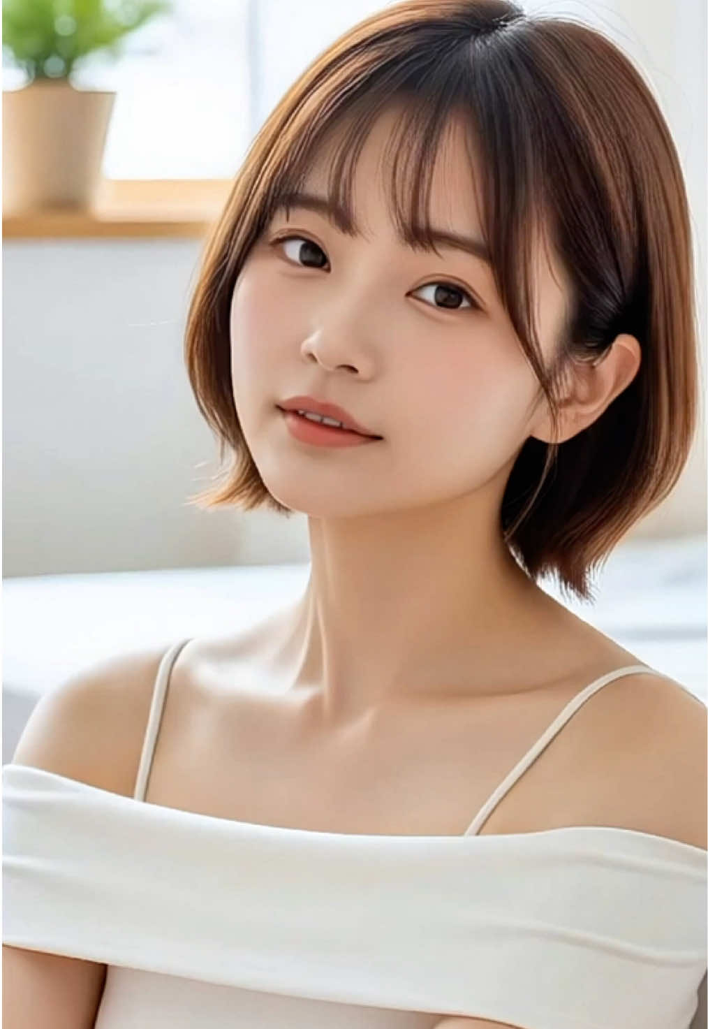 ピタ止め ショート💜朝の窓辺✨💞 #白ワンピ #笑顔 #aibeauty 
