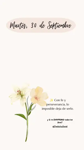 Martes, 30 de Septiembre  Con fe y perseverancia, lo imposible deja de serlo. Buenos Días, Bendiciones  #dios #gratitude #frasesmotivadoras #darioambrosi #video_viral 