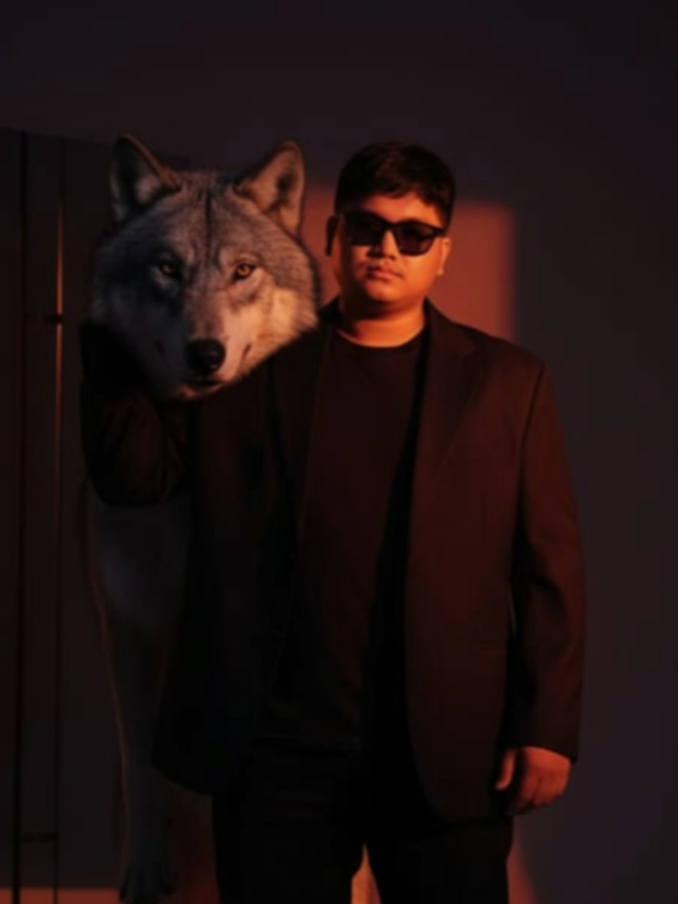 Buat foto ini berdiri bersama serigala besar, dengan posisi serigala berada di belakang, dengan tangan mengusap kepala serigala, memakai baju hitam dengan boots selutut dengan memakai blazer coklat dengan suasana misterius dengan wajah serius, tanpa merubah wajah asli #geminiai #CapCut #like 