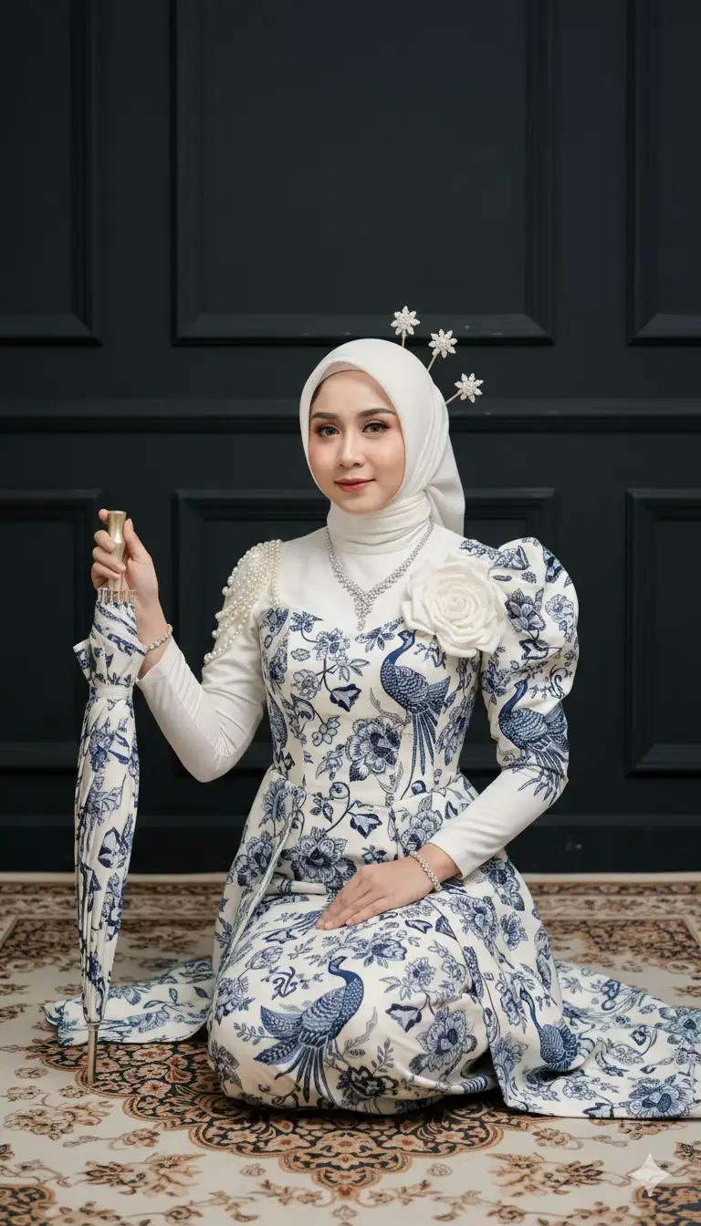 Buatlah foto terlampir menjadi potret studio yang sangat realistis menggunakan wajah difoto ini harus mirip dan jangan ubah wajah dan karakter asli sesuai yang ada difoto. ubah foto ini menjadi foto wanita dengan mengenakan kebaya modern bernuansa putih gading dengan motif biru bergambar bunga dan burung merak atasanya berbentuk korser fit body dengan bahu asimetris satu sisi terbuka dihiasi dengan untaian mutiara. sisi lain lengan puff dengan aksen bunga putih besar. rok panjang lurus bermotif senada. ditambah kain gantung didepan dan pergelangan tangan, tampilkan keseluruhan memberi kesan anggun, elegant dan mewah, foto ini diambil didalam studio dinding gelap elegant dan memberi kesan formal dan mewah. berhijab warna putih tulang dengan hiasan 3 buah tusuk konde dihijab bagian belakang berbentuk bintang. memakai kalung berlian dan gelang di kedua tanganya, duduk dengan manja diatas karpet batik bermotif rumit.menghadap kedepan dengan pose sedikit ke samping kiri, lalu tangan kanannya mengenakan payung dengan elegan nan anggun dengan payung bersandar di bahunya. ia mengenakan manset baju warna putih #geminiai #textgemini #mbakjawa #geminiaiviral 