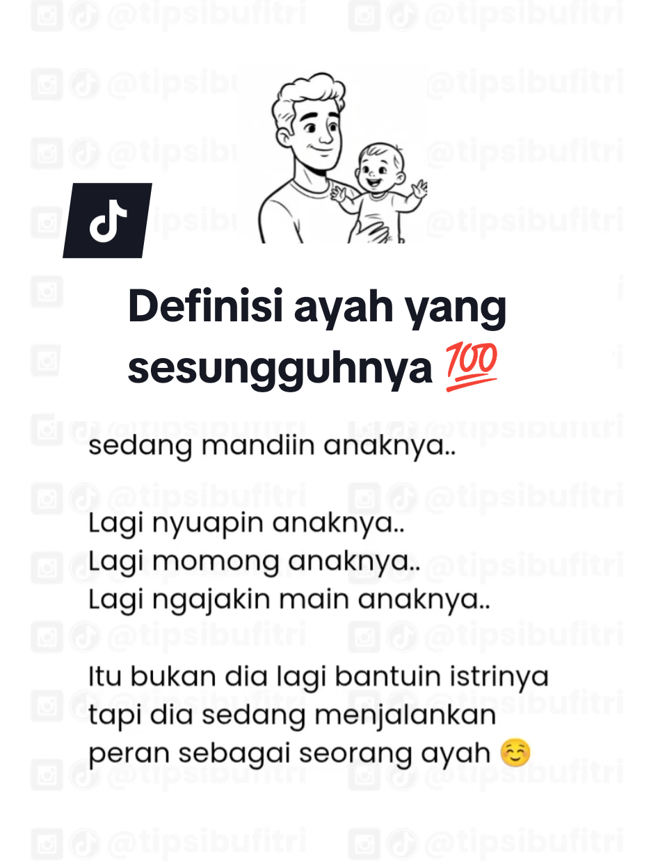 Definisi ayah yang sesungguhnya 💯  Banyak yang masih nganggep kalau ayah lagi mandiin, nyuapin, atau momong anak = bantuin istrinya.  Padahal bukan, itu memang peran seorang ayah. 👨‍👩‍👧‍👦 Ayah hadir bukan sekadar cari nafkah, tapi juga ikut tumbuh bareng anak-anaknya.  Setuju nggak bun? 🥰
