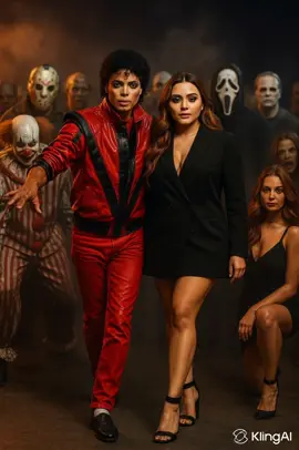 Me encanta bailar 💃🏻 🕺  Crea foto cinematográfico donde la chica está aún lado de Michael Jackson, no cambies el rostro de la chica, ella tiene su cabello largo cobrizo, ondulado muéstrala con un saco negro corto, ella tiene unas piernas largas torneadas. Lleva unos tacones negros ; la foto en 8K, ultra realista, formato vertical 9:16 para TikTok o horizontal 16:9 para tráiler. Michael Jackson en el centro, con su icónica chaqueta roja de Thriller, realizando movimientos de baile característicos (pasos de zombie, brazos extendidos, mirada intensa). A su alrededor están los clásicos villanos del terror: Jason Voorhees con máscara de hockey, Michael Myers con máscara blanca, Ghostface con túnica negra, y Pennywise el payaso con su traje a rayas rojas y blancas. Una mujer con cabello largo cobrizo y vestido negro elegante con tacones rojos interactúa con los personajes: primero es sostenida dramáticamente por Jason y Myers, luego posa confiada junto a Ghostface y Pennywise. En el fondo, un ejército de zombies aparece entre niebla y humo, moviéndose lentamente con gestos inquietantes, acompañando el ritmo del baile. La iluminación es oscura y dramática, con haces de luz blanca y rojiza, sombras largas, atmósfera macabra y épica. El estilo visual es una mezcla de tráiler de película de terror y videoclip musical de los 80, con cámara lenta, movimientos de cámara dinámicos y transiciones impactantes. ——————————— PARA DAR MOVIMIENTO VAA IR A LA APLICACIÓN DE KLINGAI Y VAS PEGAR ESTE TEXTO ⬇️⬇️⬇️⬇️ 1.	Intro épica → cámara acercándose a Michael Jackson,  la chica a un lado, los villanos, humo y zombies apareciendo. 	2.	Climax → todos bailando al estilo Thriller, con tomas rápidas y dramáticas. —————————- @𝕬𝖑𝖊𝖏𝖆𝖓𝖉𝖗i𝖓𝖆𐂂·*.☽𓍊  #IA #gemini #inteligenciaartificial #fyppppppppppppppppppppppp #KINGAI 