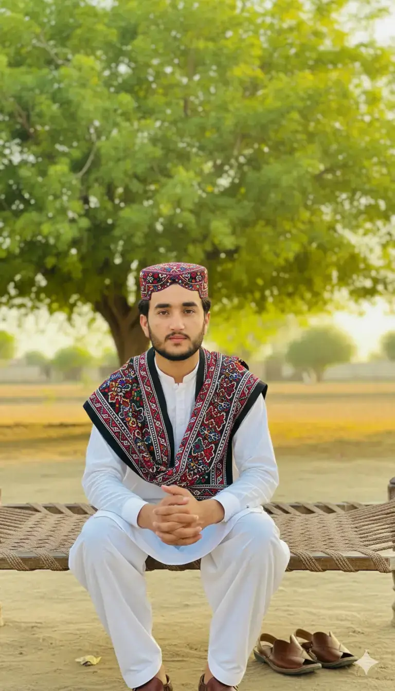 Using This Prompt In Gemini... Photo realistic 8K full body prompt of this man provided in the reference image, keep face 100% reserved.A young man in traditional Sindhi attire sitting gracefully on a woven charpai in an outdoor rural setting. He is wearing a white shalwar kameez paired with a colorful Sindhi ajrak draped over his shoulders and a matching Sindhi topi (cap) on his head. His hands are clasped calmly in front of him. Traditional brown peshawari shoes. Behind him is a large green tree, with soft golden sunlight filtering through the leaves, creating a warm and cultural village atmosphere. Photorealistic, high-resolution, natural light, detailed embroidery patterns visible on the ajrak.