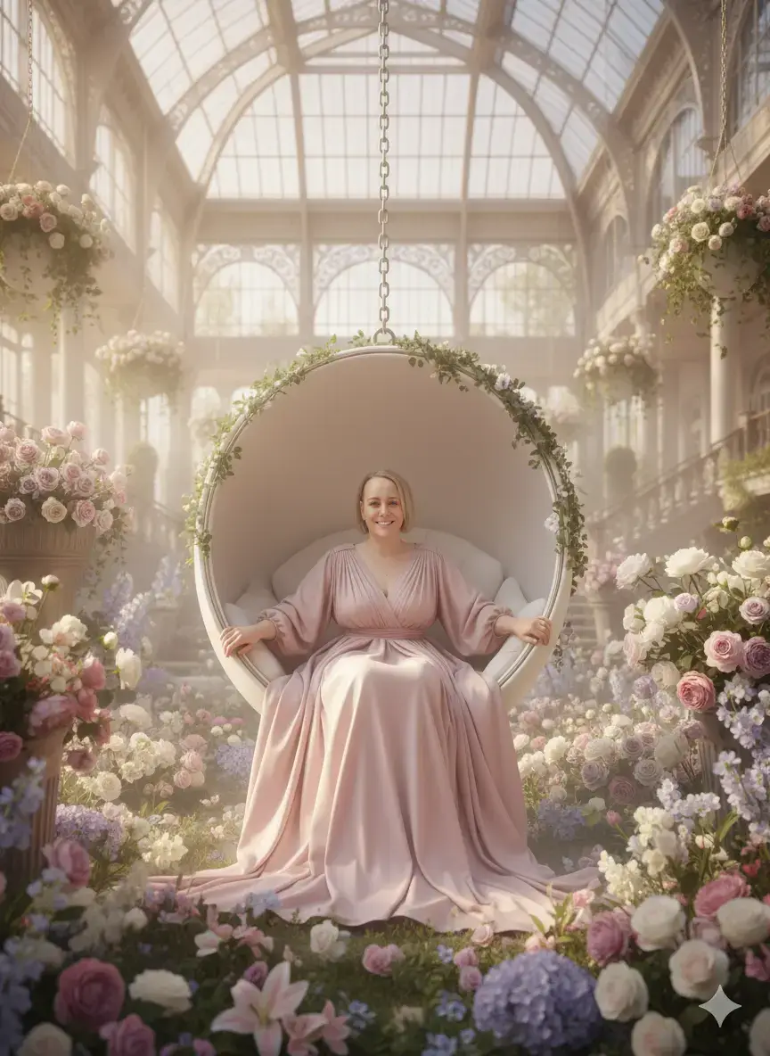 Using the attached photo generate an image of a woman sitting in a big egg chair. She is surrounded by flowers in dreamy scenery inside of a building. She is wearing a long pink gown. Do not change my facial features.