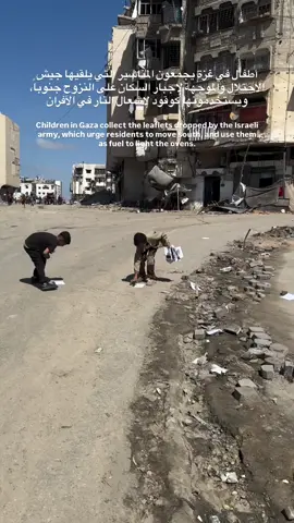 Children in Gaza gather the leaflets dropped by the Israeli occupation army, forcing Palestinian families to move south, and repurpose them as fuel for cooking on fire.