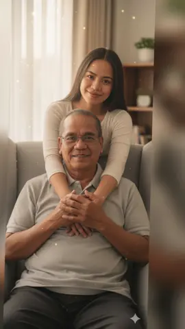Prompt: A warm, intimate portrait of a father and daughter. The daughter stands behind her father, wrapping her arms around his chest with hands clasped together. The father sits facing the camera, gently holding her hands with a relaxed, affectionate smile. #family #AItrend #fatherdaughter #edit 