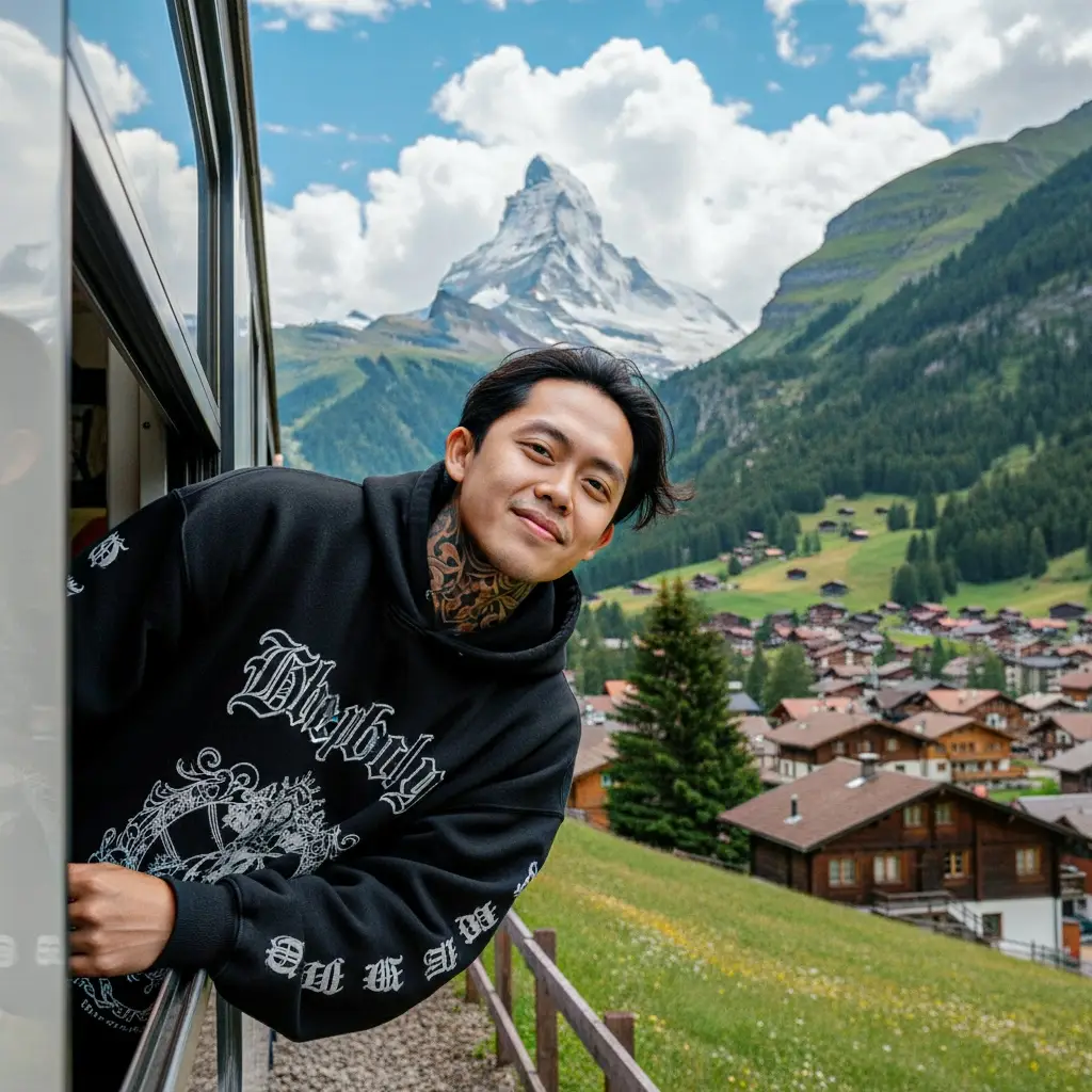 sudahi dulu geng gengan nya, mari jalan jalan bersama ku sahabat... Prompt dasar nya dari @Hamzah Jamalullail ijin bang. PROMPT : Foto perjalanan candid ultra-realistic, resolusi tinggi dengan detail hingga pori-pori kulit. Subjek dengan wajah sesuai reference foto, bersih, cerah, dan terawat, menjulurkan badan dari jendela kereta sambil tersenyum lembut, rambut tertiup angin dengan helai-helai jelas, wajah diterangi cahaya merata dan natural. Mengenakan hoodie hitam oversized bergambar gothic di depan dan lengan. Latar belakang menampilkan lembah hijau Alpen dengan chalet kayu, pepohonan pinus, dan atap desa kecil, sementara di belakangnya menjulang sebuah puncak bersalju mirip Matterhorn di bawah langit biru dengan awan putih besar yang lembut. Perspektif dari dalam kereta, dengan bingkai jendela logam tampak di latar depan. Estetika sinematis, tone warna natural, cerah, detail tajam, jernih seperti kamera ponsel high-end, menghadirkan nuansa kebebasan, petualangan, dan kebahagiaan perjalanan pegunungan. #photolab #GEMINI #AI #AIprompt #nanobanana 