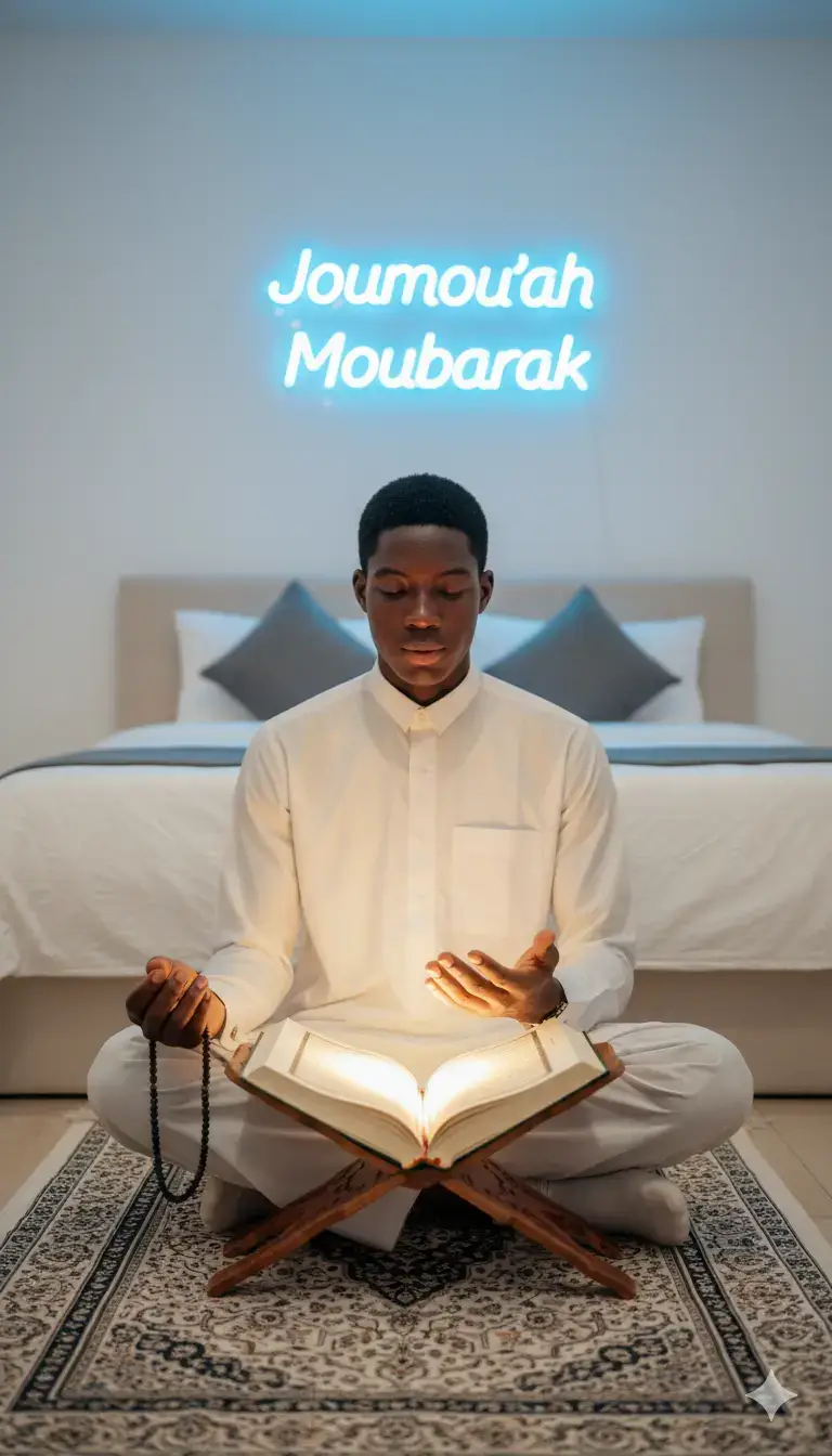 @Ndar ndar :Créer une image ultra réaliste en 8k de la personne sur la vidéo assise sur un tapis de prière dans une chambre paisible et moderne, éclairée dans des tons blancs et doux.Elle tient dans ces mains un grand livre coranique ouvert, baigné d'une lumière chaleureuse venant de la page. Dans son autre main baissé un chapelet glisse doucement entre ces doigts. Derrière elle , le mur affiche un enseigne lumineuse « JOUMA » « MOUBARAK » en néon bleu vif projetant une lueur douce sur le décor. le lit en arrière plan est proprement fait avec une couverture blanche et des coussins discrets renforçant l'ambiance calme et spirituelle de la scène. L'expression de la personne est sereine concentrée et paisible. L'atmosphère dégage une sensation de connexion intérieure, de foi profonde et de gratitude.la lumière met en valeur le tissu , la texture du tapis de prière et les détails fin du livre sacré. Style :hyperréaliste, éclairage cinématographique, texture complexe ambiance spirituelle et moderne. Scène centrée sur la paix intérieure, la méditation et la lumière