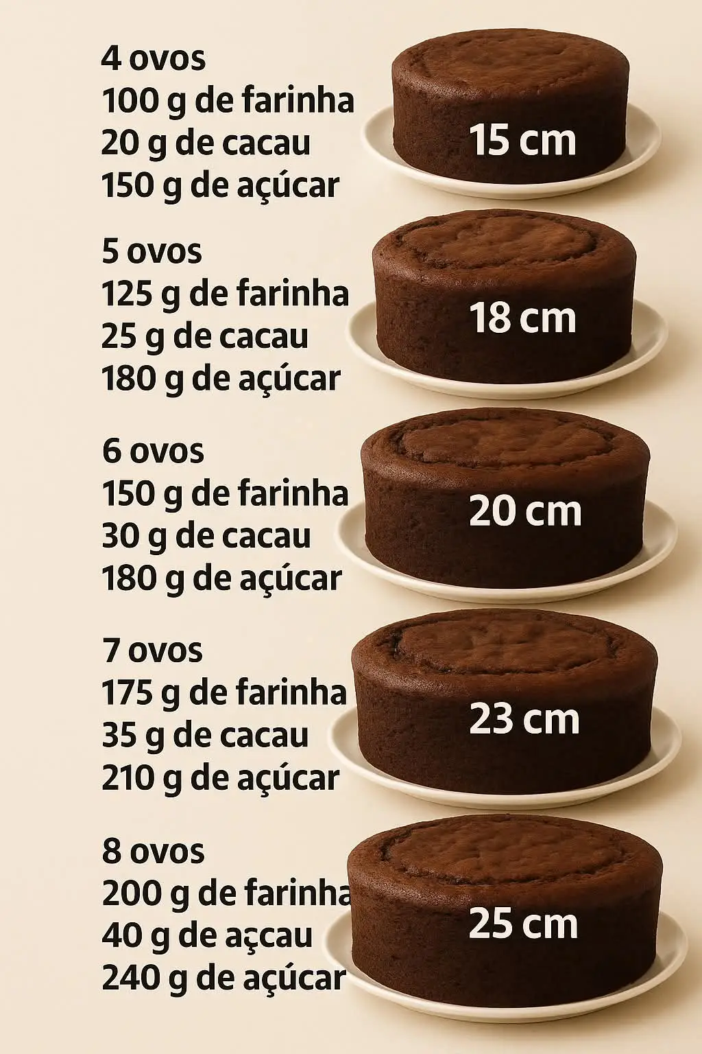 🍫 Dicas para o Bolo de Chocolate Incrível   Bolo de Chocolate (15 cm) 📝 Ingredientes: 4 ovos 100 g de farinha de trigo 20 g de cacau em pó de boa qualidade 120 g de açúcar 👩‍🍳 Modo de preparo passo a passo: 1. Prepare a forma    Unte uma forma de 15 cm com manteiga e forre o fundo com papel manteiga. 2. Pré-aqueça o forno    Aqueça o forno a **170 °C** para garantir um cozimento uniforme. 3. Bata os ovos com o açúcar    Em uma tigela grande, bata os ovos com o açúcar até obter uma mistura **clara, volumosa e aerada** (cerca de 8 a 10 minutos com batedeira elétrica). 4. Misture os ingredientes secos    Peneire juntos a farinha e o cacau em pó para evitar grumos e deixar a massa mais leve. 5. Incorpore delicadamente    Adicione os secos aos poucos à mistura de ovos, mexendo com movimentos suaves de baixo para cima, sem perder o ar da massa. 6. Asse com carinho    Despeje a massa na forma e leve ao forno por **25 a 30 minutos**, ou até que, ao espetar um palito, ele saia limpo. 7. Deixe esfriar    Retire do forno, deixe descansar por 10 minutos na forma e depois desenforme sobre uma grade. 💡 Dica de ouro: Para formas maiores, mantenha as mesmas proporções de ingredientes, ajustando apenas o tempo de forno. O truque é sempre testar com o palito — se sair seco, o bolo está pronto! #bolo #cake #chocolate #confeitaria 
