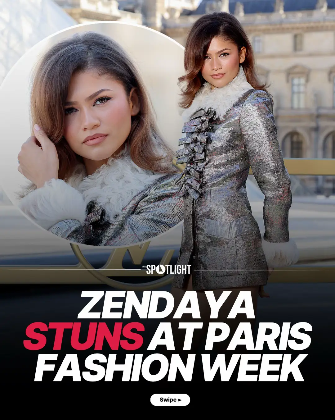 Zendaya did what Zendaya does which was absolutely SLAY at the Louis Vuitton show at the Louvre during Paris Fashion Week. The Dune star is notoriously bold with her fashion choices and this was no different as she rocked a metallic blazer dress with a faux fur collar and ruffled sleeves. Pair with a simple silver heel (that probably cost a fortune) and her hair down, Zendaya looked cosy and classy.