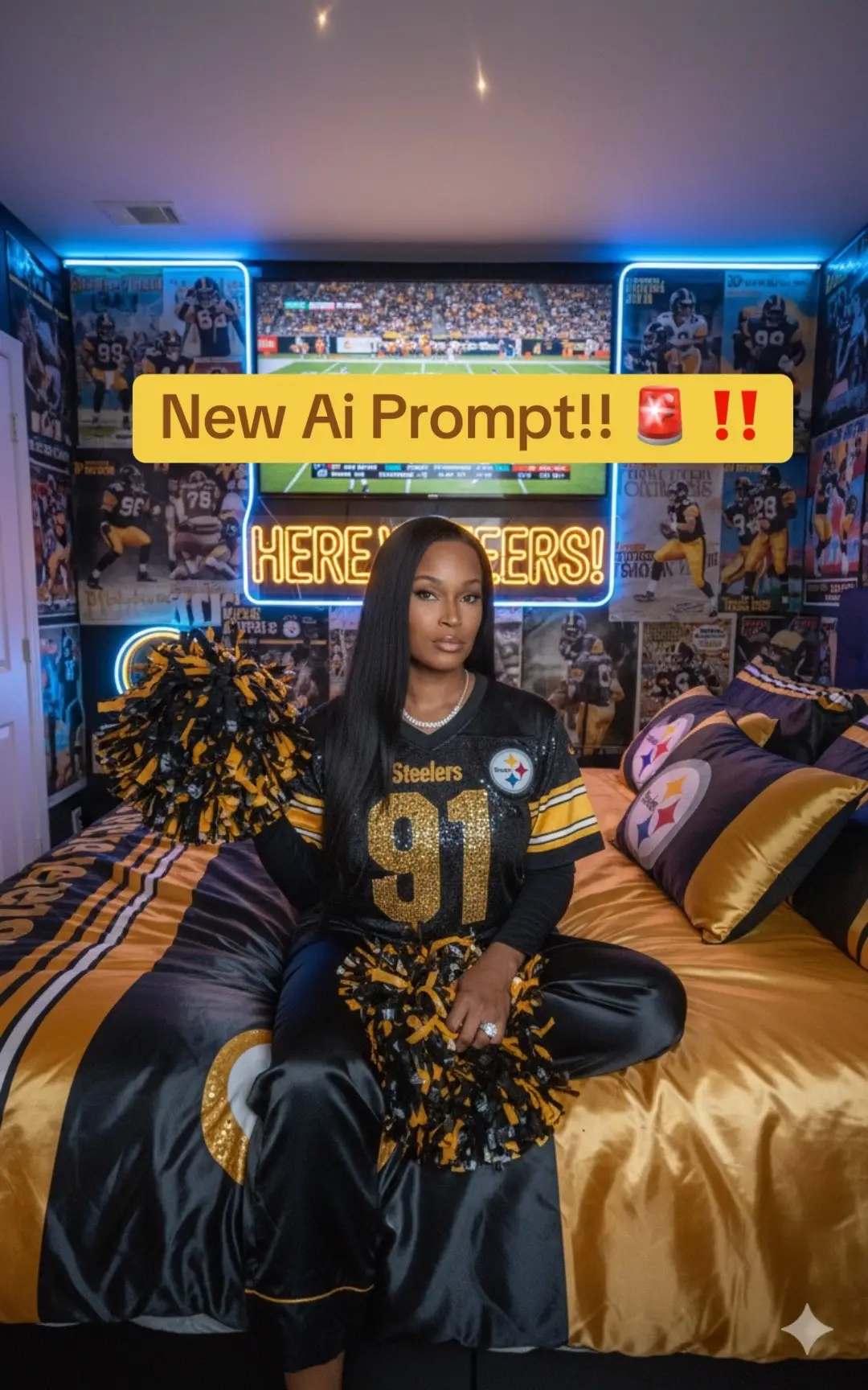 A Y2K-style portrait of me sitting on a shiny satin bed with black and gold bedsheets in Steeler football team colors. I’m wearing silky Steelers  pajama with Steelers  logo, long flowing black straight hair, holding Steelers  black and gold pom poms, diamond necklace, and diamond wedding  ring. A massive 70-inch TV is turned on showing a Steelers  game highlight. The walls are filled with vintage Steelers  posters and glowing  neon that says “Here We Go Steelers” signage. Keep my facial features exactly the same as the reference photo. The whole scene is glossy, surreal, and drenched in Y2K football-fan nostalgia.