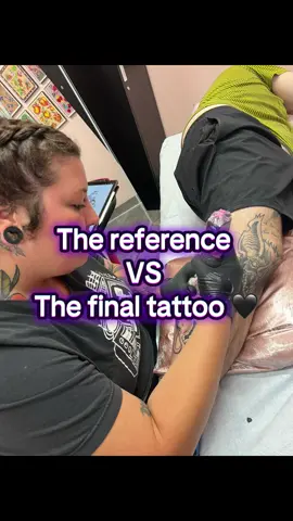The reference VS the final tattoo!  Reference art by @kerbyrosanes  . . . . . #referencevstattoo #tattoodesign #designprocess #tattooartist #bayareatattooartist         