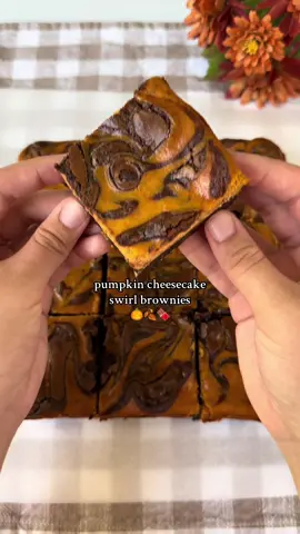 Pumpkin cheesecake swirl brownies 🎃🍫🍂 Super fudgy brownies with a smooth and creamy pumpkin cheesecake layer ✨ (makes an 8x8 pan) Ingredients: 10 tbsp (140g) unsalted butter, melted 1 cup (200g) granulated sugar ¼ cup (50g) brown sugar 2 large eggs, room temp  1 tsp vanilla extract ½ cup + 2 tbsp (56g) unsweetened cocoa powder 1 tbsp (13g) vegetable oil ½ tsp salt ½ tsp espresso powder (optional) ½ cup (63g) all-purpose flour, spoon & leveled or weigh (don’t pack it in) ¾ cup (128g) chocolate chips *make sure to measure your flour correctly. if your brownies aren’t setting this is often the culprit Pumpkin Cheesecake Layer: 8 oz cream cheese, softened (block style) ¼ cup (50g) granulated sugar ½ cup (120g) pure pumpkin purée (not pie filling) 1 egg, room temp 1 tsp vanilla extract 1½ tbsp flour 1 tsp pumpkin pie spice 1 tbsp sour cream, room temp Instructions: Preheat oven to 325°F (163°C) and grease/line an 8x8 pan with parchment. In a large bowl, whisk melted butter, granulated sugar, and brown sugar until smooth.  Add eggs and vanilla, then whisk vigorously for 1-2 minutes to help create a crackly top.  Stir in cocoa powder, salt, and optional espresso powder until fully combined.  Mix in oil, then gently fold in the flour until just combined (don't over mix). Fold in chocolate chips. Beat cream cheese and sugar until smooth. Add pumpkin, egg, vanilla, flour, pumpkin spice, and sour cream. Mix until just combined.  Spread most of the brownie batter into the pan. Reserve about ⅓ cup of it for swirling. Spread cheesecake layer over the brownie layer. Dollop remaining brownie batter on top and swirl gently. Bake 50-60 min until it looks set and center just slightly jiggly. Cool completely, then chill at least 4 hours or overnight before slicing. This is a must-try recipe for fall! #bakingrecipe #pumpkinseason #brownies #cheesecake #fallrecipes 