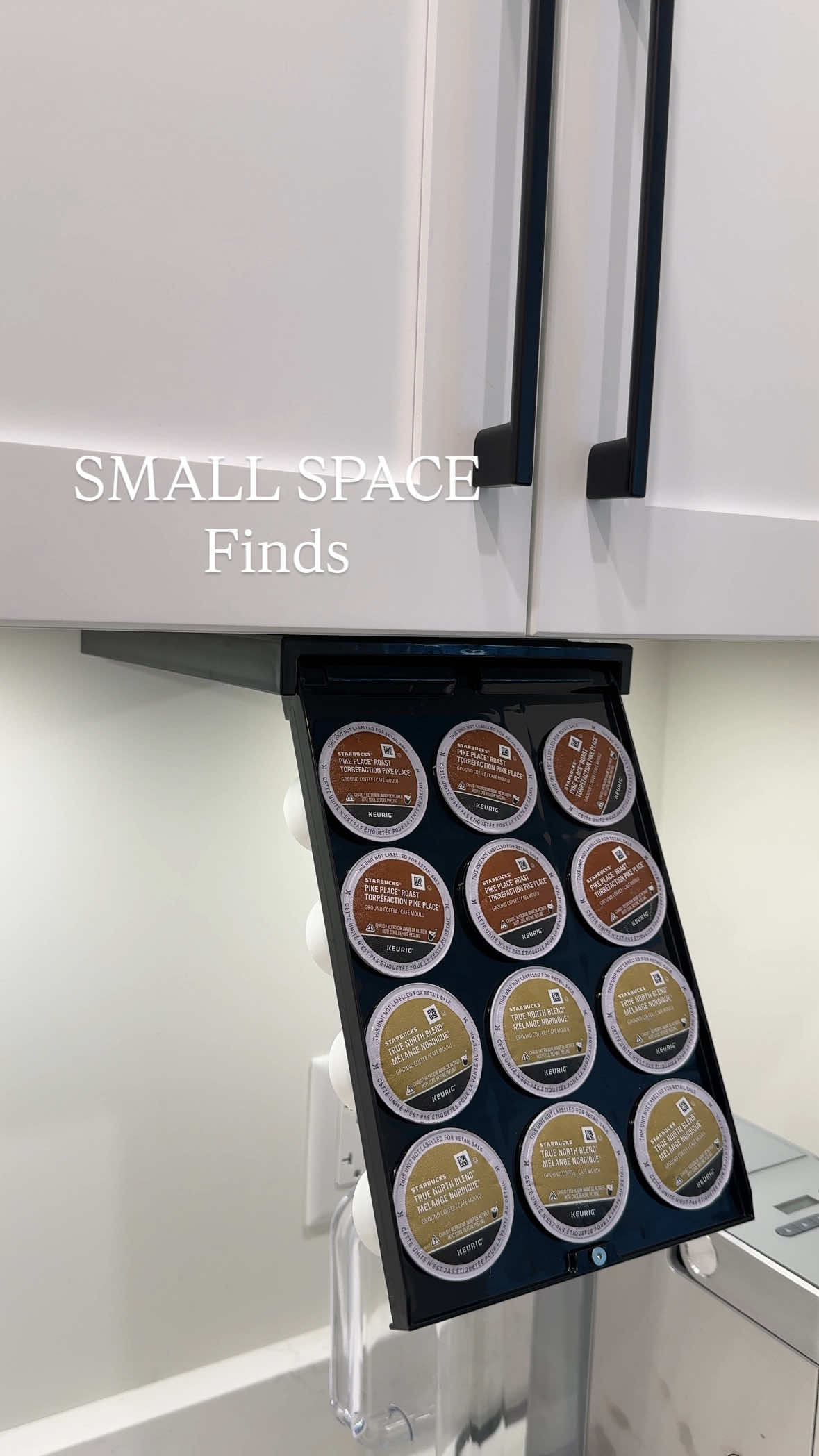 Amazon Organization Hack for Small Spaces. Linked in my Amazon Shop under SMALL SPACES. This under the shelf pod holder requires no tools and saves counter space.  #amazon #amazonfinds #amazoncanada #amazonhacks #homeorganization   