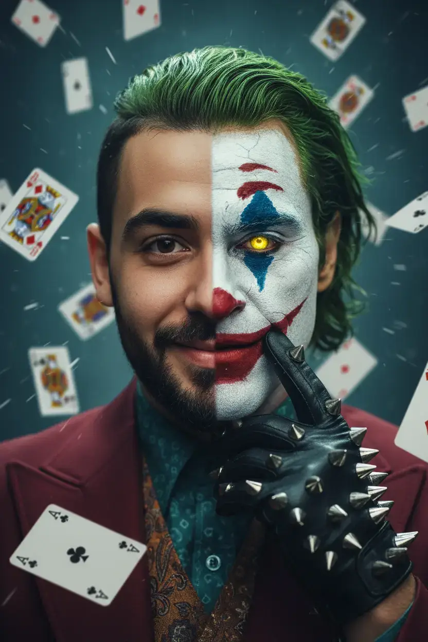 🎭✨ أقنعة للجوكر بالذكاء الاصطناعي هسيبلكوا البرومبتات كاملة في الكومنتات أي نسخة من الجوكر عجبتكم أكتر؟ 😍 A hyper-realistic, cinematic digital artwork (8K, ultra-detailed, RAW, sharp focus) of a young man with the exact same facial features and hairstyle as in the attached reference photo. The composition shows a split face: the left half is his natural face with a warm smile and trimmed beard, while the right half is transformed into the Joker 2019 clown makeup (white face paint, green slicked-back hair, exaggerated red lips, blue eye makeup, glowing yellow eye). He is wearing a dark red suit jacket with a shirt and vest underneath. His black leather glove with metallic spikes is raised, one finger resting on his lips in a mysterious gesture. Surrounding him in the background are playing cards floating mid-air, slightly blurred in motion, giving a surreal, dramatic atmosphere. The lighting is cinematic, with strong contrast and vivid details, sharp focus on the face and glove, bokeh background. Ultra-realistic textures on the skin, makeup, hair, and leather glove. #Gemini #chatgpt  #Ai #ai #prompt  #الذكاء_الاصطناعي  #AITools #chatgpt  #iachatgpt  #nano_banana  #googlegemini #gemini  #photography  #ذكاء_اصطناعي  #صور_AI 
