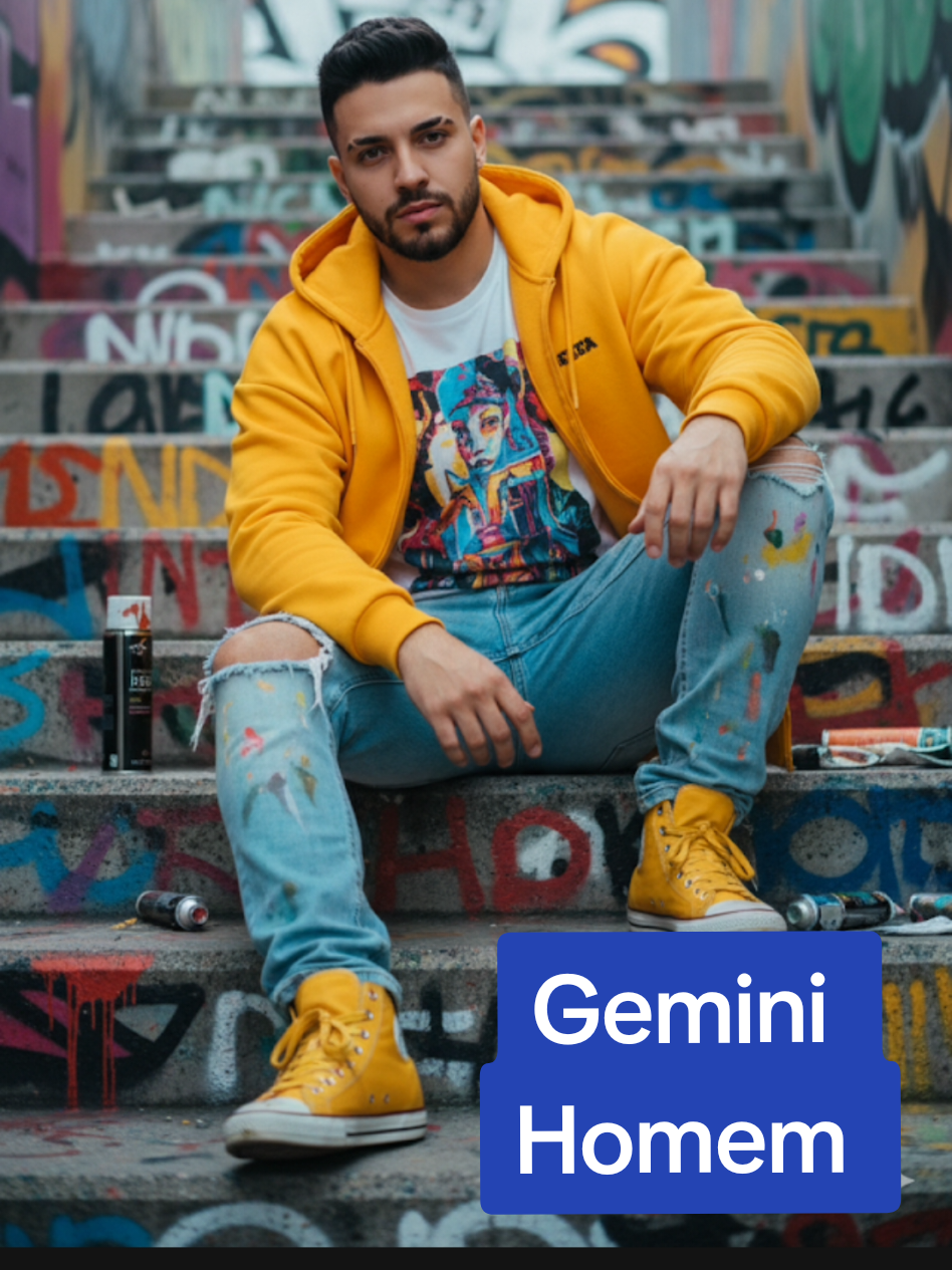 Gemini texto para homem! Prompt Cinematográfico Chat GPT/ Gemini Urban portrait of a young man sitting on a graffiti-covered concrete staircase, in an artistic and rebellious environment. He wears a vibrant oversized yellow jacket, a white T-shirt with a colorful artistic print, ripped blue jeans stained with paint, and customized yellow sneakers splattered with paint. The ground around him is filled with paint tubes, sprays, and colorful marks, reinforcing the street art aesthetic. Medium framing at a slightly low angle, subject centered, with the diagonal lines of the steps leading the eye, graffiti background softly blurred. Natural diffused lighting on an overcast day, soft light enhancing the textures of skin, fabric, and paint, with balanced contrast. Simulated camera settings: 35mm, f/2.8, 1/250s, ISO 200, neutral white balance. Photographic style: realistic HD quality, inspired by urban editorial photography and street photography, with a vibrant and natural color palette, high detail in clothing, face, and environment, cinematic urban finish with rich colors, sharp textures, and a raw, authentic atmosphere of youth, rebellion, and creativity. #trend #gemini #foryou #passoapasso #IA 