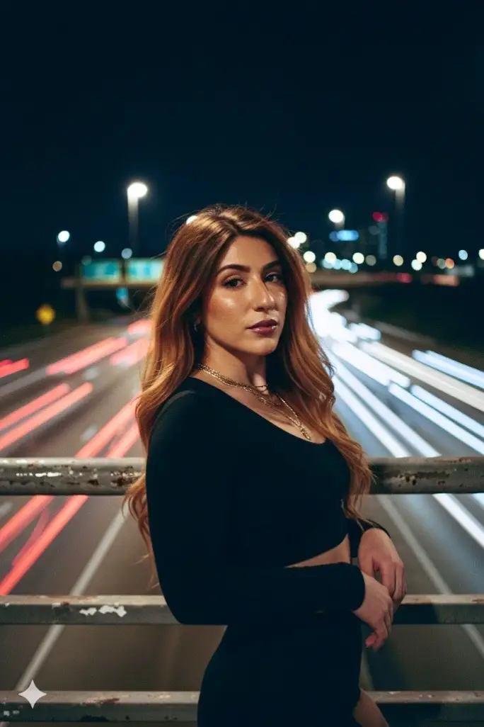 Create a grunge moody analog style photo taken with flash. This is a mood, cinematic night portrait featuring me as the subject leaning back against a metal railing, on an overpass above a highway. The background is filled with long light trails from moving vehicles, suggesting a long exposure shot that creates a dreamy, fast-paced city vibe. I have voluminous, long, layered cowboy copper red hair and I'm wearing a cropped black long sleeve top with layered gold necklaces. The lighting softly illuminates my face, highlighting my glowing skin and glossy lips while casting subtle shadows. The wind is blowing my hair slightly. The overall tone feels intimate, slightly melancholic, and editorial-reminiscent of analog film photography with a grainy, nostalgic aesthetic. The composition captures the contrast between her calm, grounded presence and the chaotic motion of the blurred traffic below. 4:3 Ratio, do not change my facial features. #gemini #geminiprompt #aiphoto #spookyseason #aiphotos 