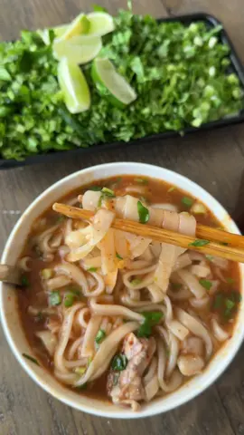 Homemade khao piak sen / banh canh noodle soup This is a labor of love and although it’s one of my favorite foods, I don’t make it very often.  The ingredients are simple, it’s rice flour, tapioca starch and boiling water.  Noodles: 1 bag rice flour (16 oz) 1 1/3 bags tapioca starch  4.5 cups of hot water  Add rice flour and tapioca starch to a mixer. Slowly add hot water in small amounts and you may add a little less or more as needed. Mix for a couple minutes or until the dough is smooth. The dough texture should be semi-soft, similar to play doh, but not too sticky.  Sprinkle some tapioca starch to your work surface so that the dough won’t stick to your surface. Cover the dough with a damp towel while you’re working with it so that it doesn’t dry out. Roll it out into thin sheets and then cut the noodles to your desired length and thickness. Dust on some tapioca starch so the noodles do not stick together. Cover with a wet paper towel until use. Or you can use a KitchenAid attachment to roll and cut the dough. #Recipe #noodles #khaopieksen 