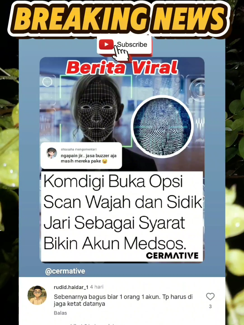 Kementerian Komunikasi dan Digital (Komdigi) tengah menggulikan wacana penerapan verifikasi biometrik berupa scan wajah dan sidik jari sebagai syarat aktivasi akun media sosial. Langkah ini digadang-gadang menjadi solusi untuk menekan kepemilikan akun ganda maupun anonim, sehingga mendorong rasa tanggung jawab setiap individu dalam menggunakan ruang digitall Sekjen Komdigi, Ismail, menegaskan pentingnya identifikasi digital vang kuat melalui digital ID demi menciptakan ekosistem daring yang lebih aman. Namun, ia menekankan bahwa gagasan ini masih dalar tahap pembahasan dan belum sampai pada keputusan final. Gagasan pembatasan akun media sosial sebelumnya juga sempat disuarakan anggota DPR Oleh Soleh, yang menilai keberadaan akun ganda kerap dimanfaatkan secara tidak sehat, termasuk oleh buzzer, Meski demikian, wacana ini menuat pro-kontra dari berbagai pihak Sejumlah pengamat menilai bahwa kebijakan tersebut bisa berimplikasi pada pembatasan kebebasan berekspresi serta berpotensi menabrak prinsip perlindungan data pribadi. Bagi sebagian pengguna, memiliki lebih dari satu akun justru merupakan kebutuhan, baik untuk kepentingan pribadi, pekerjaan, hingga usaha kecil yang bergantung pada platform digital Polemik yang muncul dari usulan ini menegaskan pentingnya mencari keseimbangan antara keamanan digital dan hak-hak dasar pengguna Di satu sisi, penguatan identifikasi digital memang diperlukan untuk mengurangi penyalahgunaan ruang mava. Namun, di sisi lain, regulasi yang terlalu ketat berisiko mengekang ekspresi serta menimbulkan kekhawatiran soal keamanan data biometrik masyarakat. 0leh karena itu, diskusi yang transparan, partisipatif, dan melibatkan berbagai pemangku kepentingan menjadi krusial agar kebijakan yang lahir tidak hanvya efektif menjaga keamanan, tetapi juga adil serta melindungi kebebasan warga digital. #news #reels #breakingnews #indonesia🇮🇩 #komdigi 