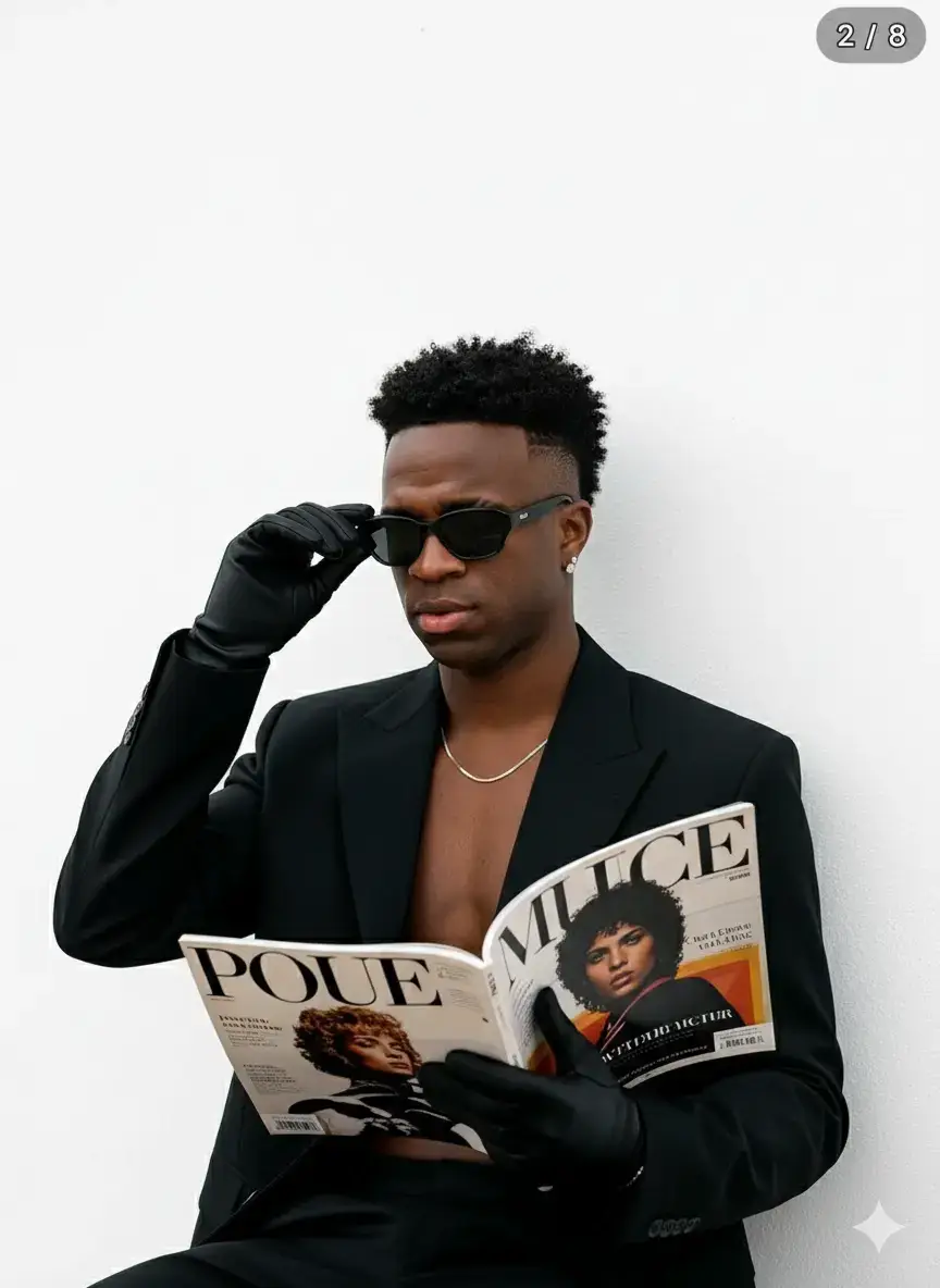 #creatorsearchinsights #:Creation A stylish editorial portrait of a person in a sleek black blazer, seated elegantly against a minimal white wall. They wear dark sunglasses and exude sophistication, with one hand adjusting the frames in a confident gesture. In their other hand, they hold a fashion magazine, open to pages filled with bold typography and imagery. Around their neck, they wear a simple minimalist necklace, subtle and elegant, replacing elaborate jewelry with a refined detail. Dark gloves add to the chic styling, giving a vintage yet modern high-fashion vibe. Natural, soft lighting enhances the sharp contrast between the black blazer and the clean white background. The mood is elegant, cinematic, and chic, reminiscent of a luxury magazine cover.#fotballtiktok 