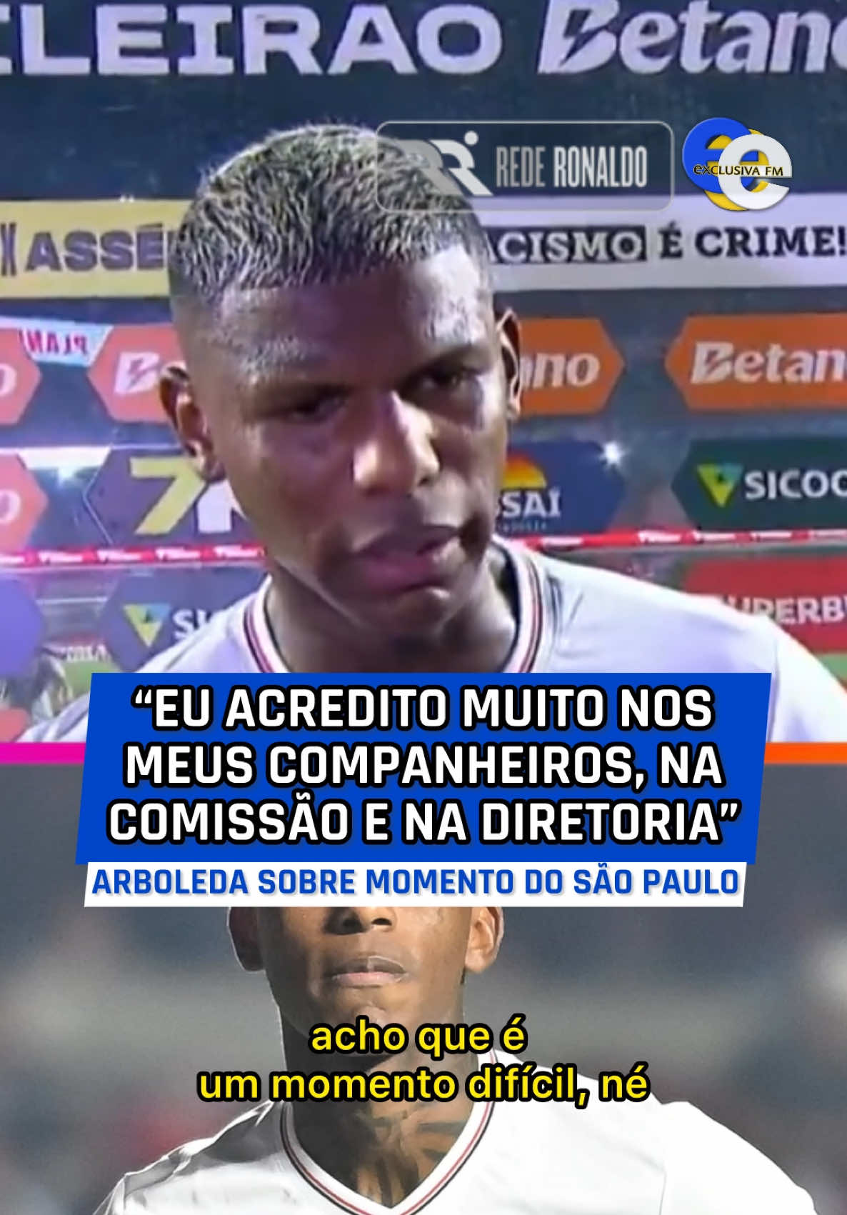 Arboleda admite má fase do time e se coloca ao lado da torcida: “viro um torcedor” #RedeRonaldo #RádioExclusiva Após a derrota por 1×0 para o Ceará, o zagueiro Robert Arboleda reconheceu que o São Paulo atravessa um momento ruim, mas reafirmou sua crença no trabalho da comissão, jogadores e diretoria. Ele também disse entender a cobrança da torcida — afinal, “pelo tempo que estou aqui, viro um torcedor a mais” — e afirmou que sente muito esse momento crítico. Concorda com o zagueiro? Deixe aqui nos comentários!  #Futebol #SaoPaulo #Arboleda