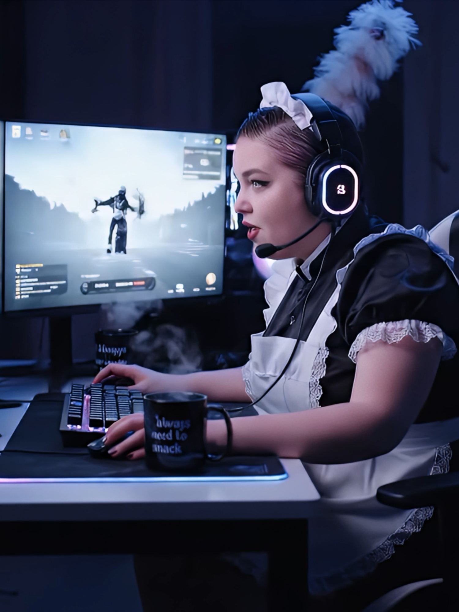 Maid Gamer A confident maid goes full pro mode at her RGB-lit gaming setup — headset on, fingers flying, snack mug ready. #iraxlab #AIVideo #VideoEditing #AICreators #GenAI #AIMovies #aigenerated #aimovie #cinema #cinematic #ai #woman #game #ironic #room #Lifestyle