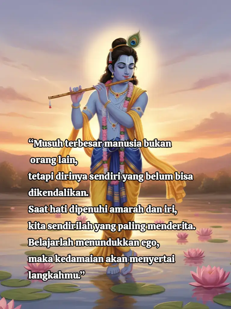 Bhagavad Gita mengajarkan, siapa yang bisa menaklukkan dirinya, dialah sahabat terbaik untuk dirinya sendiri. Sementara yang gagal mengendalikan batin, akan menjadi musuh bagi dirinya sendiri. Kekuatan sejati bukan diukur dari mengalahkan orang lain, tetapi dari kemampuan mengalahkan amarah, keserakahan, dan ego dalam diri.  #SriKrishnaWisdom #BhagavadGita #RenunganHidup #KedamaianBatin #KataBijakKrishna