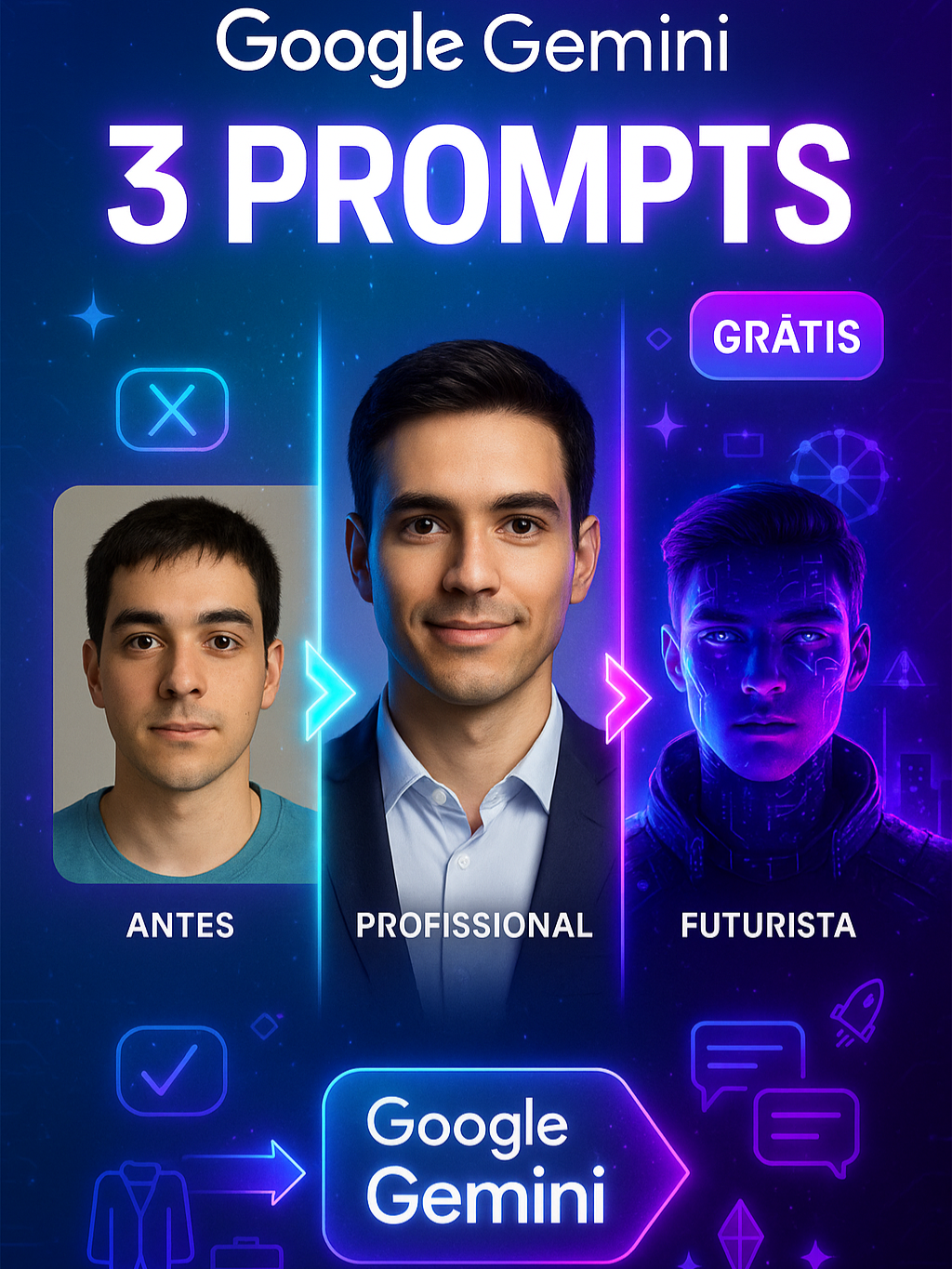3 prompts INSANOS que transformam sua foto! 📸✨ Do amador ao profissional usando Google Gemini 100% GRÁTIS! ✅ Foto LinkedIn profissional ✅ Foto artística pra Instagram ✅ Foto futurista única Copia os prompts que tão no vídeo e testa agora! #ia #gemini #fotografia #inteligenciaartificial #linkedin #instagram #edição #tecnologia #google #dicastech #viral
