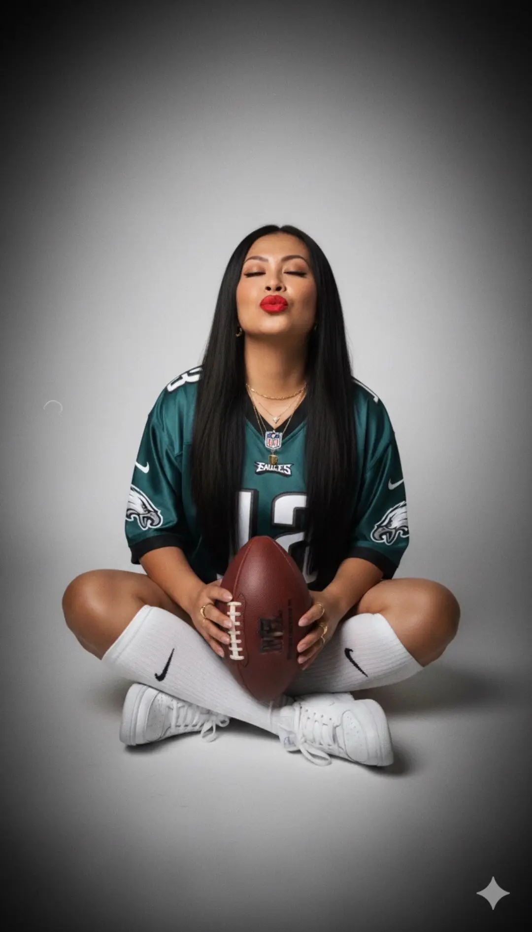 Prompt: Create a portrait-style photo of a woman seated gracefully on a pristine white floor, legs crossed casually. She’s wearing an oversized Eagles football jersey, with long, straight black hair cascading around her shoulders and face-framing layers. Her eyes are closed as she blows a playful, seductive kiss toward the camera. Her makeup is elegant yet understated, featuring matte red lipstick, and she accessorizes with delicate gold necklaces, dainty gold earrings, and chunky gold rings. She holds a football in one hand, wearing classic Nike sneakers paired with crew socks. The background is minimal and entirely white, with no additional props. The image should have a subtle grainy texture and slight motion blur, as if captured in a dark studio with a flash going off, giving it a moody, cinematic feel. The subject’s face remains unchanged. #ai #aigemini #prompt #eagles #fyp 