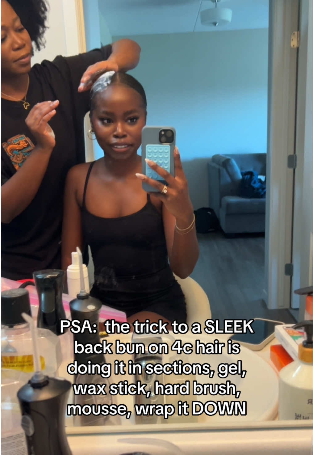 I’m ngl my sister does my sleek buns for me bc 1 i cant GRAB all the hair, number 2 im so impatient and with 4c hair you need PATIENCE to SECTION your hair. But i hope this helps, also make sure your hair is stretched it makes it easier 😭😂 #4chair #sleekbun #buntutorial #naturalhair #4chairstyles 