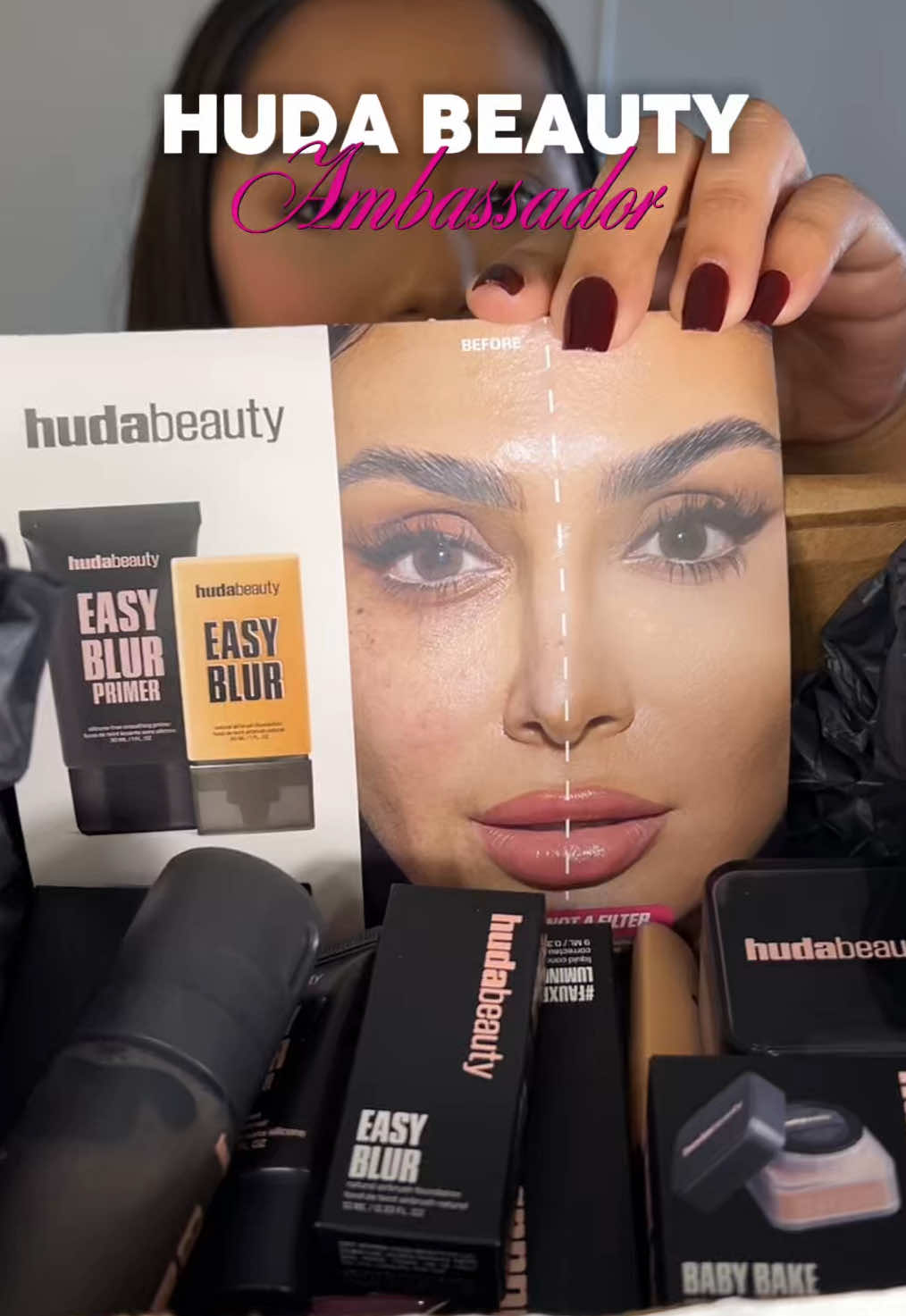Unboxing de lo que me mandó  @Huda Beauty 🩷 por ser su embajadora,si te interesa algunos de sus productos en mi perfil está el enlace🤍🔗#hudabeauty    #hudabeauties #hudabeautyambassador #unboxing #embajadorhudabeauty 