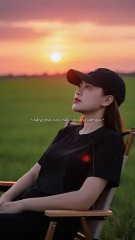 A young woman, wearing a simple black T-shirt and a black baseball cap. The subject is sitting on a beige outdoor folding chair with wooden armrests, placed in the middle of a wide open green field. The pose shows the subject leaning back slightly, arms resting naturally on the chair, and head tilted upward to the right, gazing toward the sunset. The camera angle captures the side profile from behind and slightly to the left, focusing on the relaxed posture and serene atmosphere. Lighting is warm golden-hour sunlight, casting soft highlights along the jawline and shoulders. In the background, the sunset is clearly visible on the horizon, with the round glowing sun sinking low, surrounded by vivid orange and pink sky tones. Photorealistic style, cinematic composition, shallow depth of field, captured with a 50mm lens for a natural perspective.