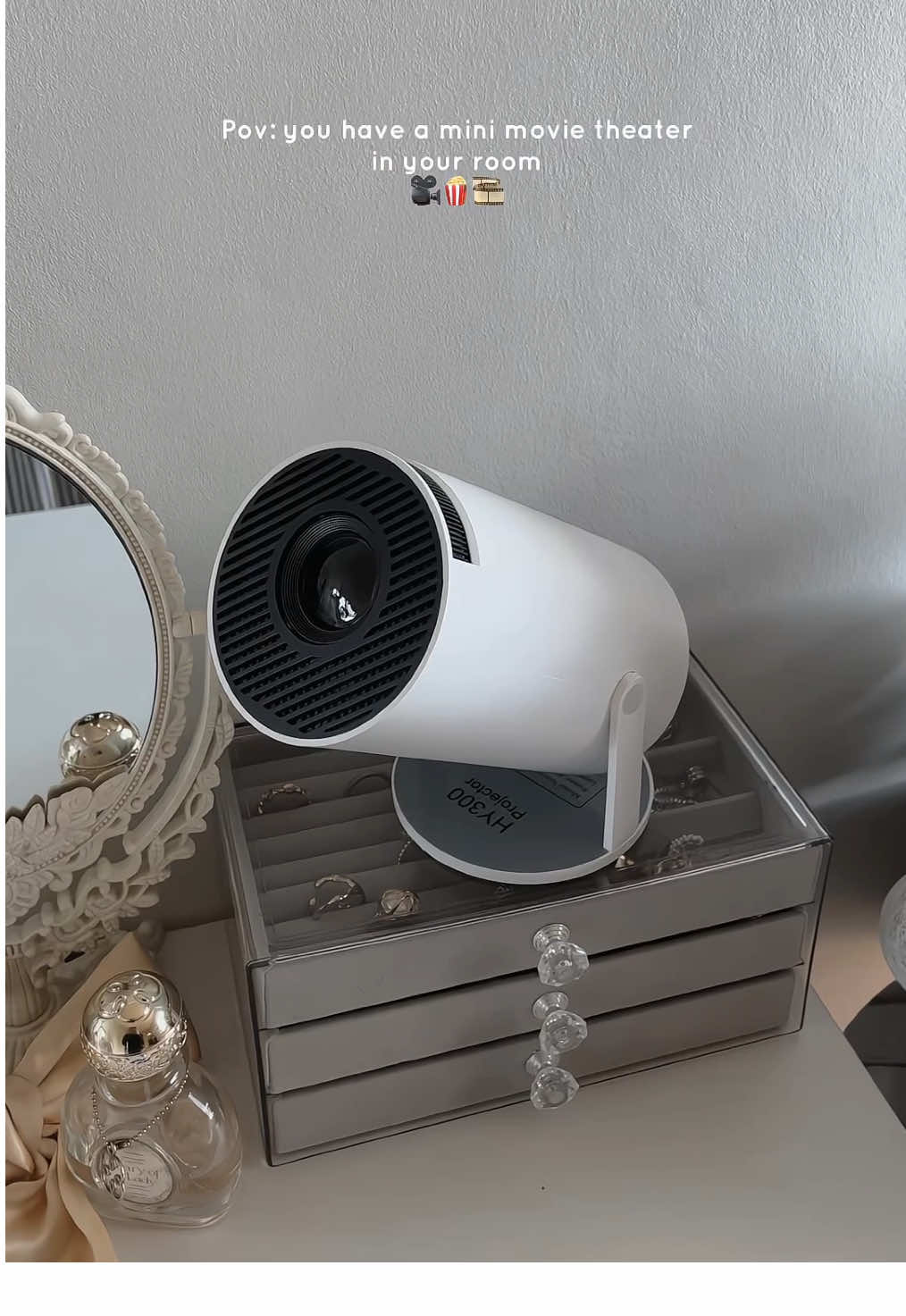 I love my mini cinema in my room, perfect for movie night! #projector #moviemarathon #projectorscreen #hy300projector #ultrahdprojector 