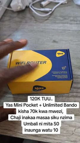 120K TUU.. Yas Mini Pocket + Unlimited Bando kisha 70k kwa mwezi,  Chaji inakaa masaa siku nzima Umbali ni mita 50 inaunga watu 10 #yas #unlimited #internet #router #wifi 