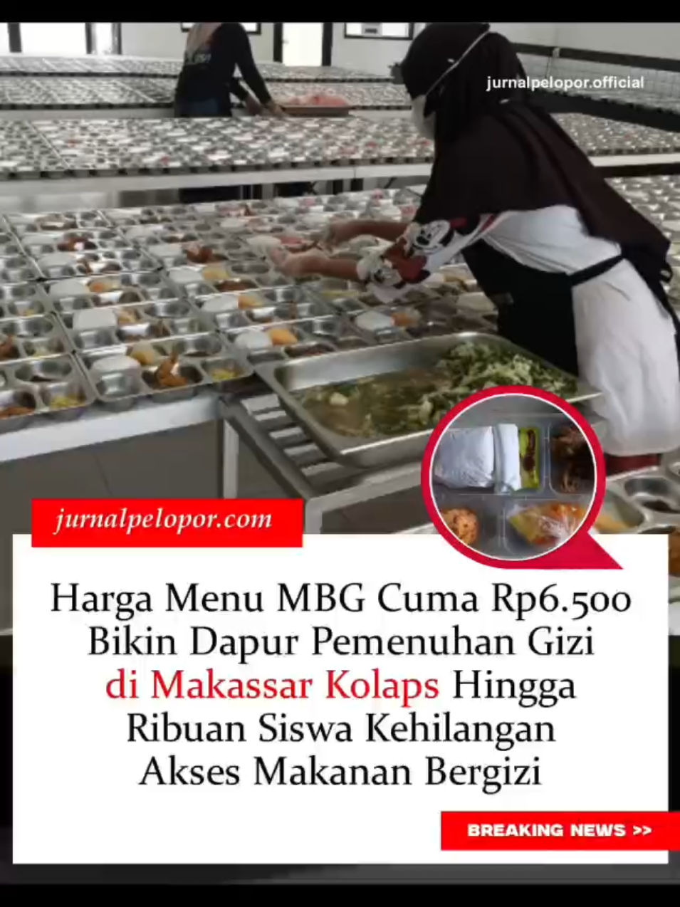 Dapur Satuan Pelayanan Pemenuhan Gizi (SPPG) Panakkukang 02 di Makassar, Sulawesi Selatan, resmi menghentikan aktivitasnya sejak sepekan terakhir. Penutupan ini dipicu harga menu program Makan Bergizi Gratis (MBG) yang hanya dipatok Rp 6.500 per porsi. Mitra Badan Gizi Nasional (BGN), Arifin Gassing, menilai harga tersebut tidak sesuai dengan arahan Presiden. “Saya juga tidak mengerti kenapa harus Rp 6.500. Padahal jelas petunjuk Presiden lebih besar dari itu,” tegasnya, Senin (29/9/2025). Puluhan Pekerja Kehilangan Mata Pencaharian Penutupan dapur yang berada di bawah naungan Yayasan Tangan Fatima Bekerja juga dibenarkan oleh salah satu tenaga kerja, Sri Bulan. Menurutnya, sebanyak 50 orang kini kehilangan pekerjaan. “Iya pak, sudah satu minggu ini ditutup. Lebih 50 orang pekerja kehilangan pekerjaan sekarang. Semoga bisa kembali beroperasi, karena kami menggantungkan hidup di sini,” ungkapnya. Ribuan Siswa Tak Lagi Terima MBG Dapur SPPG Panakkukang 02 sejak Februari 2025 melayani sekitar 3.500 porsi MBG per hari untuk sekolah-sekolah di Kecamatan Panakkukang. Namun, dengan penutupan ini, ribuan siswa tidak lagi mendapat makanan bergizi. ... Baca selengkapnya di https://www.jurnalpelopor.com/menu-mbg-cuma-rp6-500-dapur-sppg-makassar-kolaps/ Untuk informasi dan berita lainnya, kunjungi jurnalpelopor.com #MBG #MakanBergiziGratis #Makassar #Sulsel #BGN 
