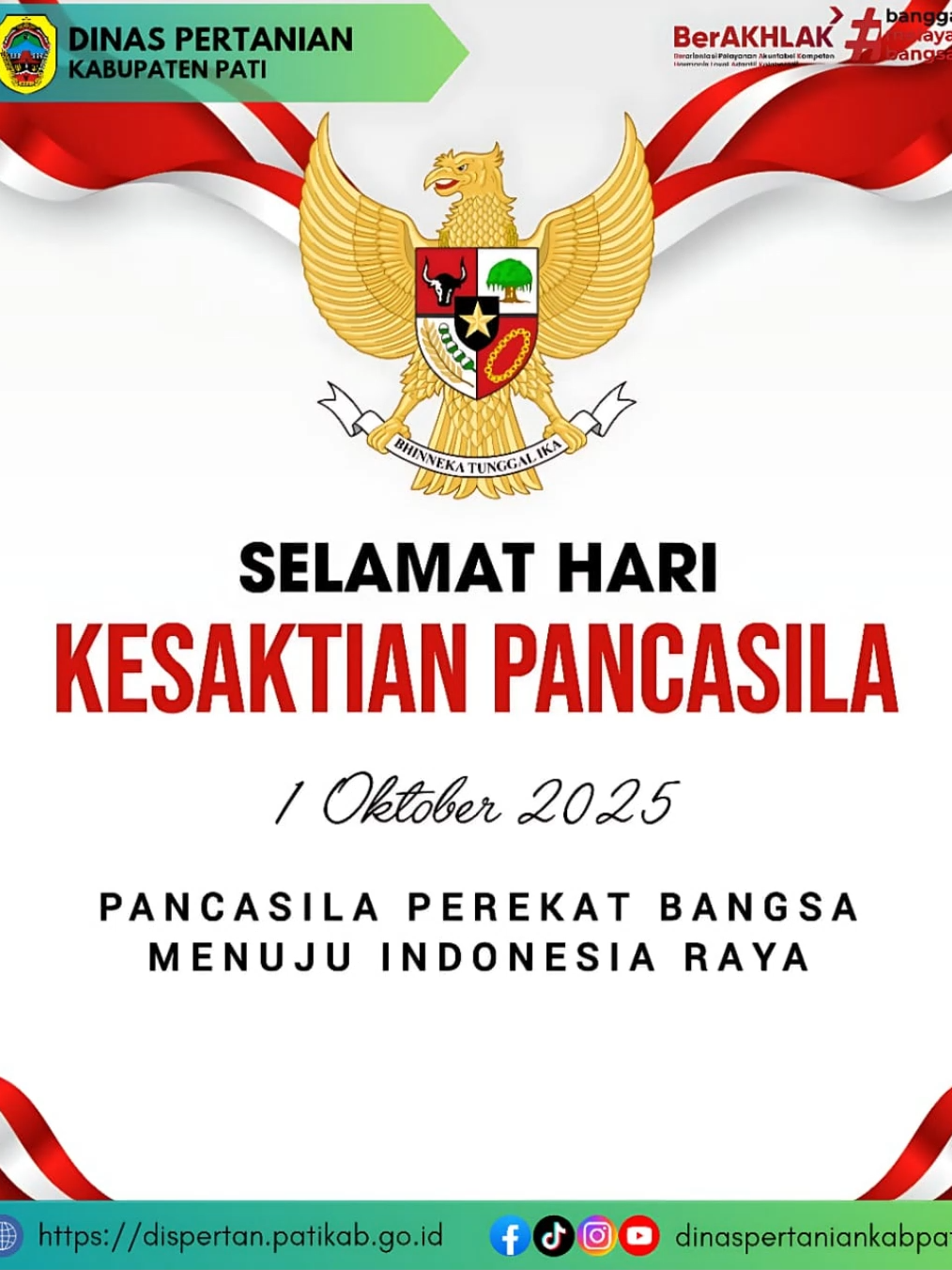 Hari Kesaktian Pancasila setiap 1 Oktober menjadi pengingat bagi kita semua bahwa semangat persatuan dan pengorbanan para pahlawan adalah fondasi tegaknya bangsa. Pancasila bukan sekadar dasar negara, tetapi juga sumber kekuatan dalam menghadapi tantangan zaman. Dengan berpegang pada nilai-nilai Pancasila, sektor pertanian terus bergerak membangun kedaulatan pangan, meningkatkan kesejahteraan petani, dan menjaga ketahanan pangan nasional. Pertanian Indonesia bekerja sepenuh hati, demi Indonesia yang berdaulat, adil, dan sejahtera. #harikesaktianpancasila #pertanianindonesia #dinaspertanian #kabupatenpati