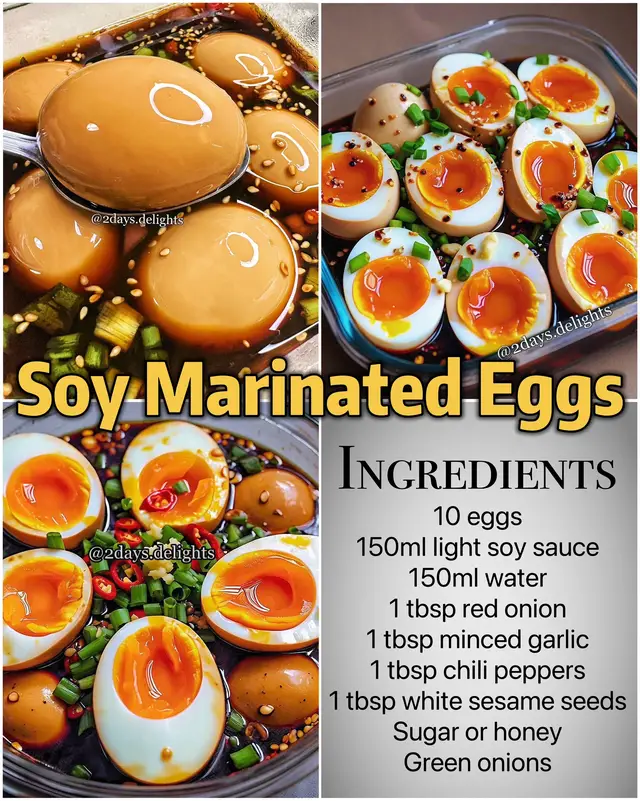 SOY-MARINATED EGGS Ingredients * 10 eggs * 150ml light soy sauce * 150ml water * 1 tbsp red onion, chopped * 1 tbsp minced garlic * 1 tbsp red chili peppers, chopped * 1 tbsp white sesame seeds * Sugar, to taste (or honey/syrup) * Green onions, chopped Instructions 1. Place the eggs in a pot and cover with cold water. Bring to a boil and cook for 6 minutes.  2. Transfer the eggs to an ice water bath and let them cool completely. 3. In a bowl, combine the soy sauce, water, red onion, garlic, chili peppers, sesame seeds, sugar, and green onions. 4. Carefully peel the eggs and place them in an airtight container. Pour the prepared sauce over the eggs. 5. Cover and refrigerate for at least 6 hours or overnight. 6. Enjoy with rice! #mayakeggs #korean #food #마약계란 