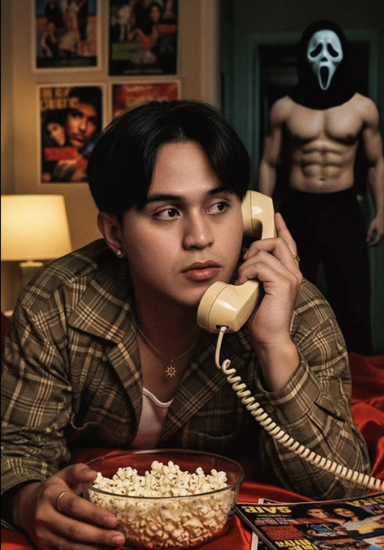 ✨GEMINI Ai x CapCut Ai x Ghostface Halloween trend👻💀🎃 Be Halloween-ready using this Gemini Prompt and CapCut Ai Template inspired by SCREAM Movie!🎃👻 HOW TO DO THIS⁉️ STEP 1️⃣: Go to Gemini Ai, upload your photo and paste this prompt: “This is my face and body, create a picture of me in a Y2K style dream portrait, lying on a bright red satin sheet while holding a large 90's style cable phone and, in a thoughtful dream pose, the person’s hair falls freely. The person wears same clothing exactly like the photo provided, delicate jewelry, including delicate gold necklace exactly same to what I’m wearing in the photo provided and accessories and a diamond earrings. The room behind the person is masculine and dreamy with 90's style posters. The photo should have a grainy 1990s style with a lamp-like light source in a dimly lit room at night. A bowl of popcorn rests next to the person’s hands near some 1990s style magazines. Ghostface should be behind the person looking at the person, his shirtless body with marked muscle, should be dimly lit and should be standing at the door of a dimly lit hallway. The background behind him should be slightly dark and sinister. don't change the man's face keep every one of his facial features please.”  STEP 2️⃣: Click the [CapCut • Try this template] anchor attached in this post to use the template and upload your Gemini Ai generated photo to make your photo Alive.✨👻 #ghostface #halloween #capcut #capcutpioneer #pioneertemplate  