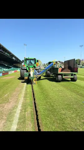 Works carried out at Yeovil Town Football Club this summer including gravel sand banding and carrying on into the autumn with a good rake out of the thatch build up just before the cooler temps start to come in a few weeks. Biggest renovation the clubs had since the ground was built 🤯 Standards are set 🌱🧤💚#YTFC #groundstaff #grass #pitchman #football 