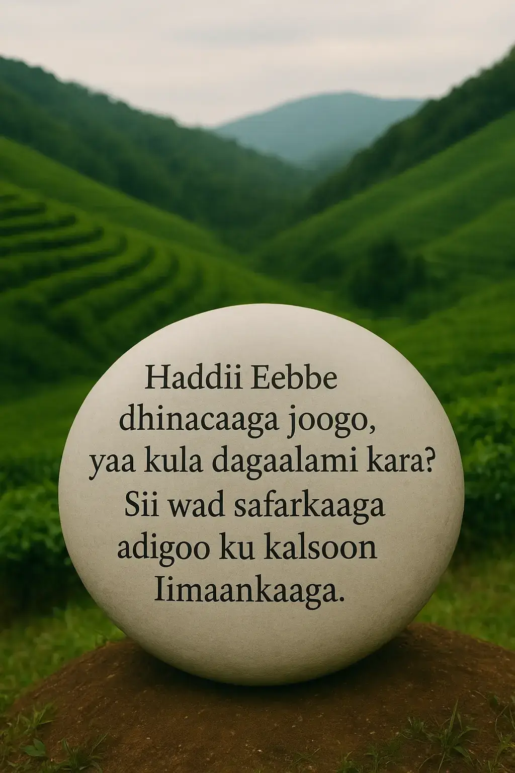 Noloshu waa safar ay ku jiraan dagaal iyo nasasho, guul iyo guuldarro, farxad iyo murugo. Laakiin hal xaqiiqo ayaa jirta: haddii Ilaahay kula jiro, cidna awood uma laha inay kaa hor istaagto jidkaaga. Waxaa laga yaabaa in dadka kugu jeesjeesaan, in duni kugu adkaato, in qorshayaashaagu dib u dhacaan—laakiin ma jirto cid ka xoog badan garabka Eebbe. “Sii wad safarkaaga adigoo ku kalsoon Iimaanka.” Iimaanku waa shidaalka ku kaxeeya marka ay gaadhigu istaago, waa nalka kuu ifa marka mugdigu ku hareeyo, waa buundada kugu gudbisa marka ay caqabaddu weyn tahay. Qofka iimaan leh, lama burburin karo; xitaa marka uu dhulka dhaco, wuxuu ka kacaa niyad iyo kalsooni ka weyn sidii hore. Safarkaaga nolosha wuxuu noqonayaa mid qiimo leh marka aad qalbigaaga ku xajisato Eebbe iyo kalsoonidiisa. Sidaa darteed, ha istaagin, ha dib u noqon, hana quusan. Guusha ugu weyn waxay ku sugaysaa kuwa aaminka oo socda iyagoo Iimaanka ku tiirsan.