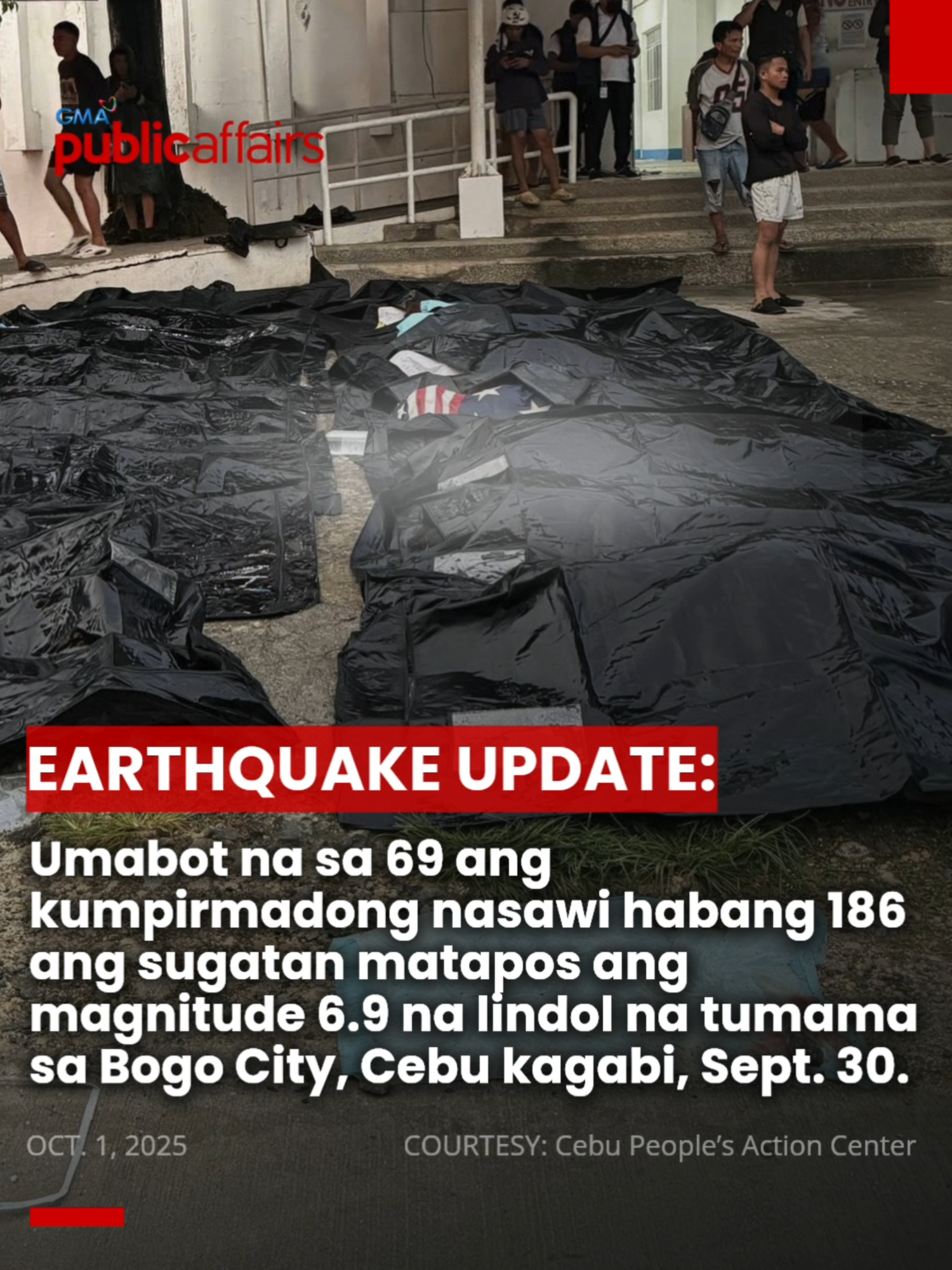 #EARTHQUAKE UPDATE: Umabot na sa 69 ang kumpirmadong nasawi habang 186 ang sugatan matapos ang magnitude 6.9 na lindol na tumama sa Bogo City, Cebu kagabi, Sept. 30. Ayon ito sa pinakahuling datos ng Joint Operation Center na naitala as of 12:14 PM, Oct. 1, 2025.