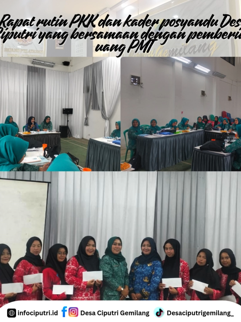 ✨ Rapat Rutin PKK & Kader Posyandu Desa Ciputri ✨ Hari ini, PKK Desa Ciputri bersama kader Posyandu kembali melaksanakan rapat rutin yang sekaligus dirangkaikan dengan kegiatan pemberian uang PMT (Pemberian Makanan Tambahan) bagi balita. Kegiatan terpadu ini bertujuan untuk: 🌱 Meningkatkan gizi balita agar tumbuh sehat dan cerdas. 🍼 Mencegah stunting sejak dini. 🤝 Mempererat silaturahmi serta menjadi ruang pertukaran informasi antara kader dan para orang tua. Selain rapat evaluasi dan koordinasi, para kader juga menyalurkan bantuan berupa uang/dana untuk pembelian makanan bergizi tambahan bagi balita yang membutuhkan. Semoga kegiatan ini terus membawa manfaat bagi tumbuh kembang anak-anak kita, sekaligus memperkuat peran PKK dan kader Posyandu dalam meningkatkan kesehatan masyarakat Desa Ciputri. 🌸 #ciputrigemilang