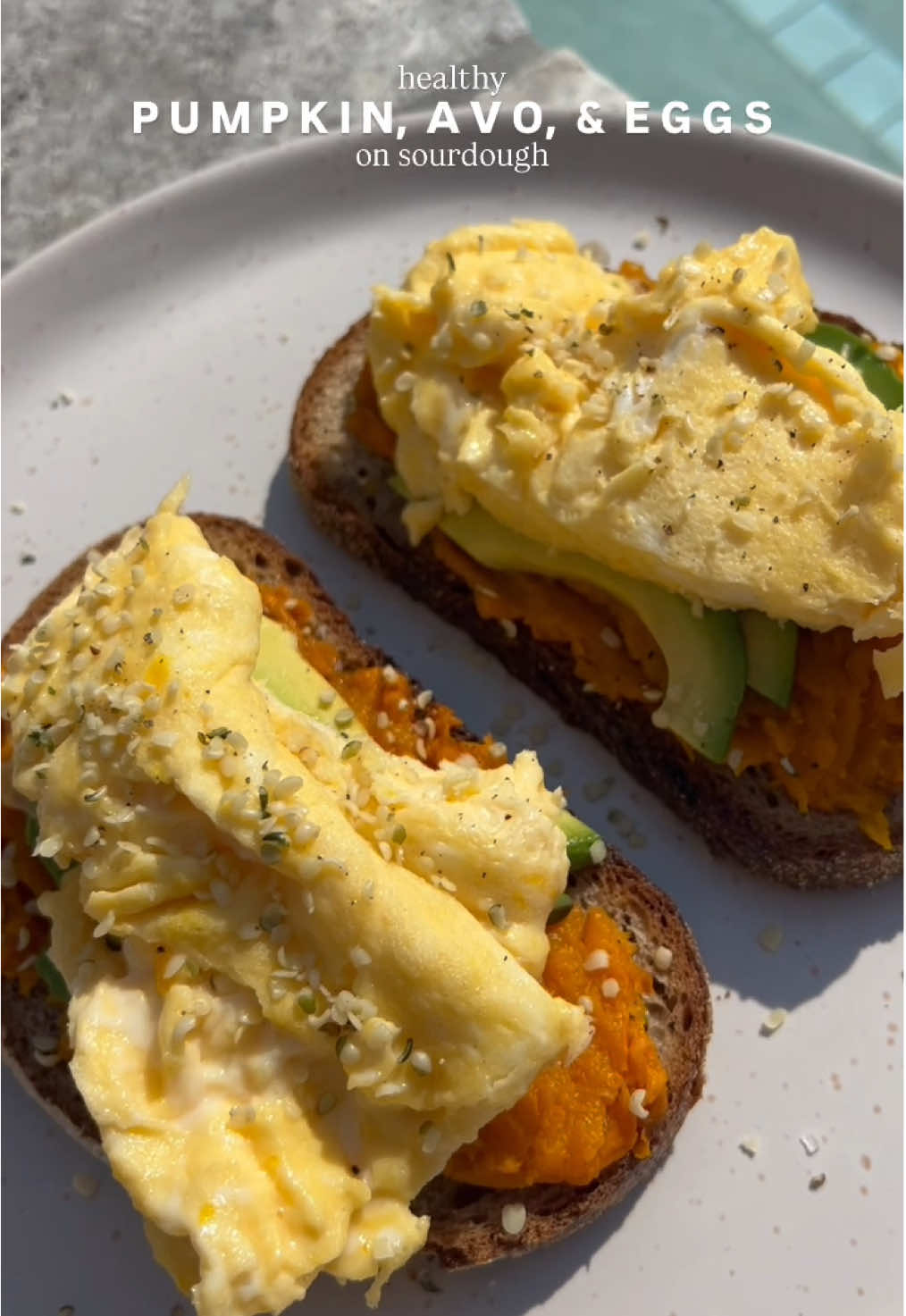 PUMPKIN, AVO & EGGS ON TOAST 🥑🍳🍞 My favourite October sourdough toast combo! Perfect for using up leftover roasted pumpkin and makes such a delicious brekkie or lunch option ☺️ Follow @nutrition.by.kayla for more healthy, delicious recipes + dietitian advice 🫶🏻 Ingredients…  - 2 eggs, scrambled with ½ cup egg whites - ½ avocado, sliced - 1 cup roasted pumpkin - 2 slices sourdough (@burleigh_baker ) - Sprinkle of hemp seeds - Salt & pepper Recipe… 1. Cook the eggs to your liking (I went scrambled). 2. Toast the sourdough bread. 3. Spread on the roasted pumpkin, then layer with avocado and eggs. 4. Sprinkle with hemp seeds, salt & pepper. Enjoy! #healthybreakfast #pumpkintoast #healthybreakfastideasinseason #pumpkin 