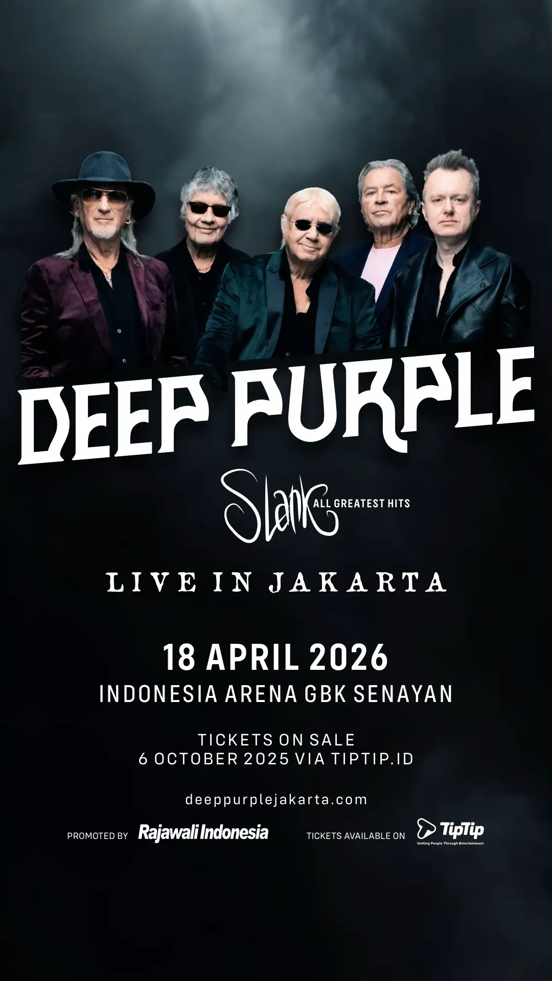 ​LEGEND MEETS LEGEND! 🇮🇩🇬🇧 ​For the first time ever, two monumental forces in music will share one stage in Jakarta. Prepare for a legendary night as British hard rock and heavy metal pioneers, DEEP PURPLE, perform their greatest hits, while Indonesia’s own rock heroes, SLANK, will take you back to their roots with a special set of songs exclusively from their early albums! ​𝐃𝐞𝐞𝐩 𝐏𝐮𝐫𝐩𝐥𝐞 & 𝐒𝐥𝐚𝐧𝐤 𝐋𝐢𝐯𝐞 𝐢𝐧 𝐉𝐚𝐤𝐚𝐫𝐭𝐚 🗓️ 18 April 2026 📍 Indonesia Arena, Jakarta ​This is the show you'll be talking about for years to come. From 
