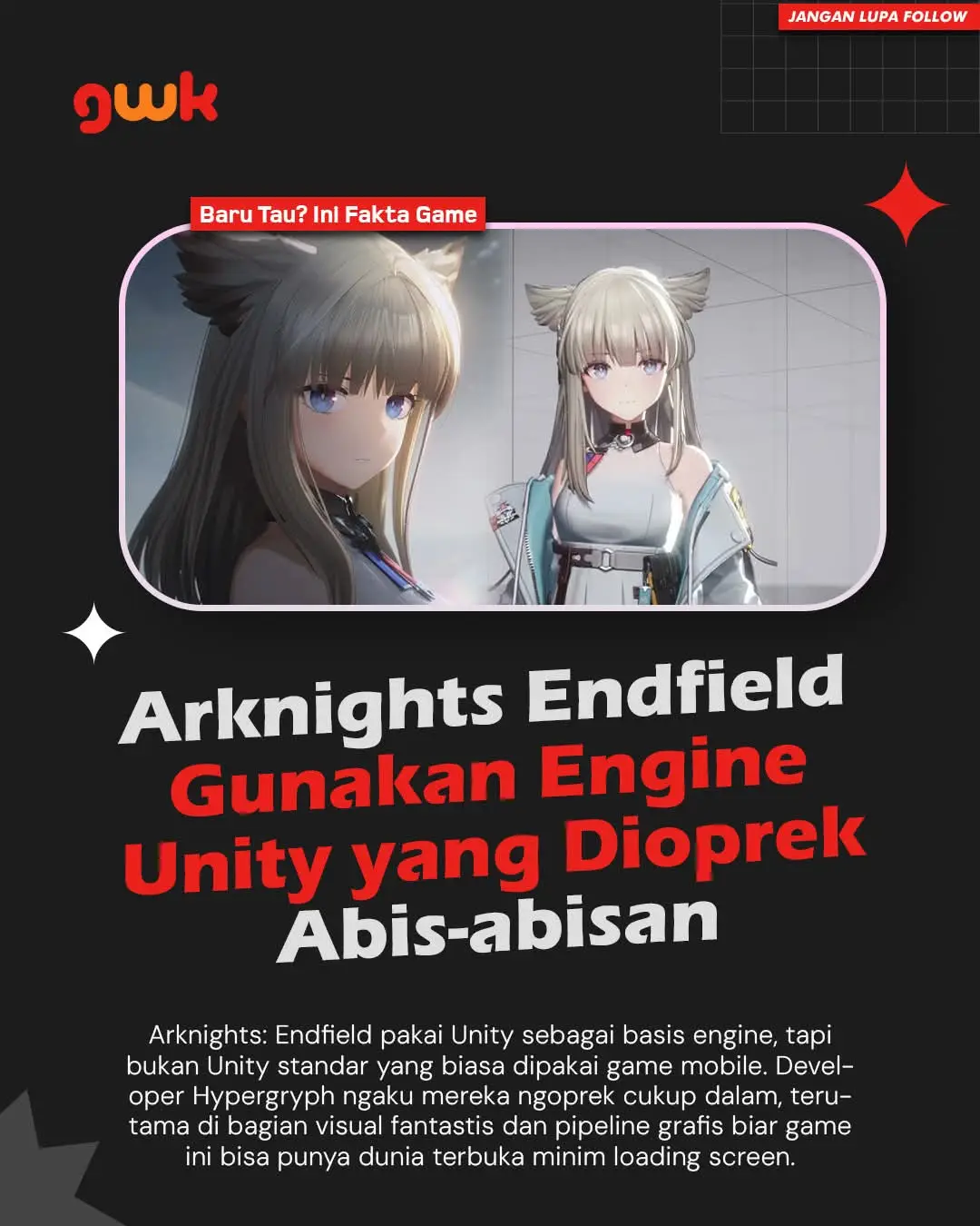 Arknights: Endfield pakai Unity sebagai basis engine, tapi bukan Unity standar yang biasa dipakai game mobile. Developer Hypergryph ngaku mereka ngoprek cukup dalam, terutama di bagian visual dan pipeline grafis biar game ini bisa punya dunia terbuka tanpa loading screen.  Jadi kalau ada yang kira “ah cuma game Unity”, sebenarnya engine ini udah dirombak lumayan ekstrem supaya bisa jalanin map luas dengan transisi mulus. Beberapa wawancara juga nyebut kalau tim sempat rebuild sistem rendering dan scene pipeline dari bawah, termasuk bikin solusi terrain khusus, virtual texture mapping, sampai optimisasi lighting.  Tujuannya biar gaya visual khas Arknights yang setengah anime setengah realistis tetap kerasa konsisten di 3D. Bahkan detail kayak bayangan di objek jauh pun mereka pertahankan biar nggak ilang, padahal di banyak game lain biasanya dikorbanin demi performa. Hal ini bikin Endfield terasa lebih kayak pakai engine custom ketimbang Unity biasa. Memang belum ada dokumen teknis resmi dari Hypergryph yang menjelaskan sedetail itu, tapi beberapa ringkasan wawancara dan artikel media nunjukin arah yang sama, timnya serius banget ngulik teknologi buat bikin game ini tampil beda. #ArknightsEndfield