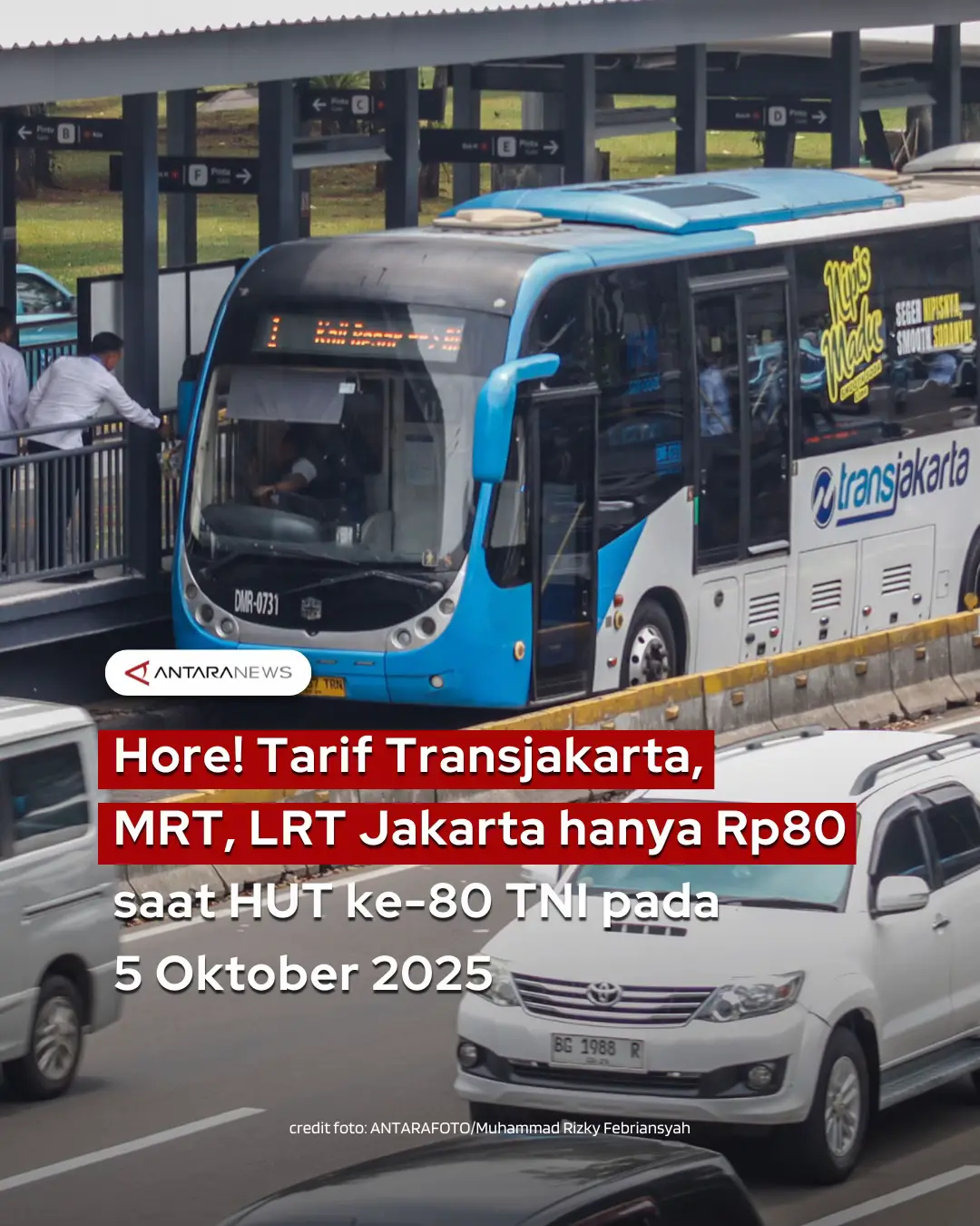 Pemerintah Provinsi DKI Jakarta memberlakukan tarif transportasi umum hanya Rp80 pada Minggu, 5 Oktober 2025. Kebijakan ini diberikan untuk memperingati Hari Ulang Tahun ke-80 Tentara Nasional Indonesia (TNI). Gubernur DKI Jakarta, Pramono Anung Wibowo, mengatakan langkah ini sebagai bentuk apresiasi kepada TNI yang telah mengawal kedaulatan bangsa.  Semua transportasi milik Pemprov DKI, termasuk Transjakarta, MRT Jakarta, dan LRT Jakarta, akan menerapkan tarif khusus tersebut. Selain itu, hari Bebas Kendaraan Bermotor (HBKB) atau Car Free Day di Jalan Jenderal Sudirman–Jalan MH Thamrin tetap berlangsung seperti biasa pada 5 Oktober.  Pelaksanaan ini sudah dikoordinasikan dengan Pangdam Jaya sesuai arahan Mabes TNI. Ia kebijakan ini memberikan manfaat bagi masyarakat sekaligus menjadi penghormatan bagi TNI.  #hutke80tni #transportasiumum #pemprovdki#tarifrp80 #transjakarta