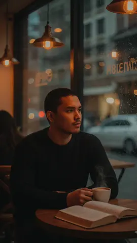 𝗚𝗲𝗺𝗶𝗻𝗶 𝗔𝗶 𝗣𝗿𝗼𝗺𝗽𝘁:  Generate the image of a young man in a dark sweater, sitting in a cafe by a large, rain-bathed window, with a book and coffee. He's looking out thoughtfully, creating a warm atmosphere with the cafe lighting and wet street bokeh. 